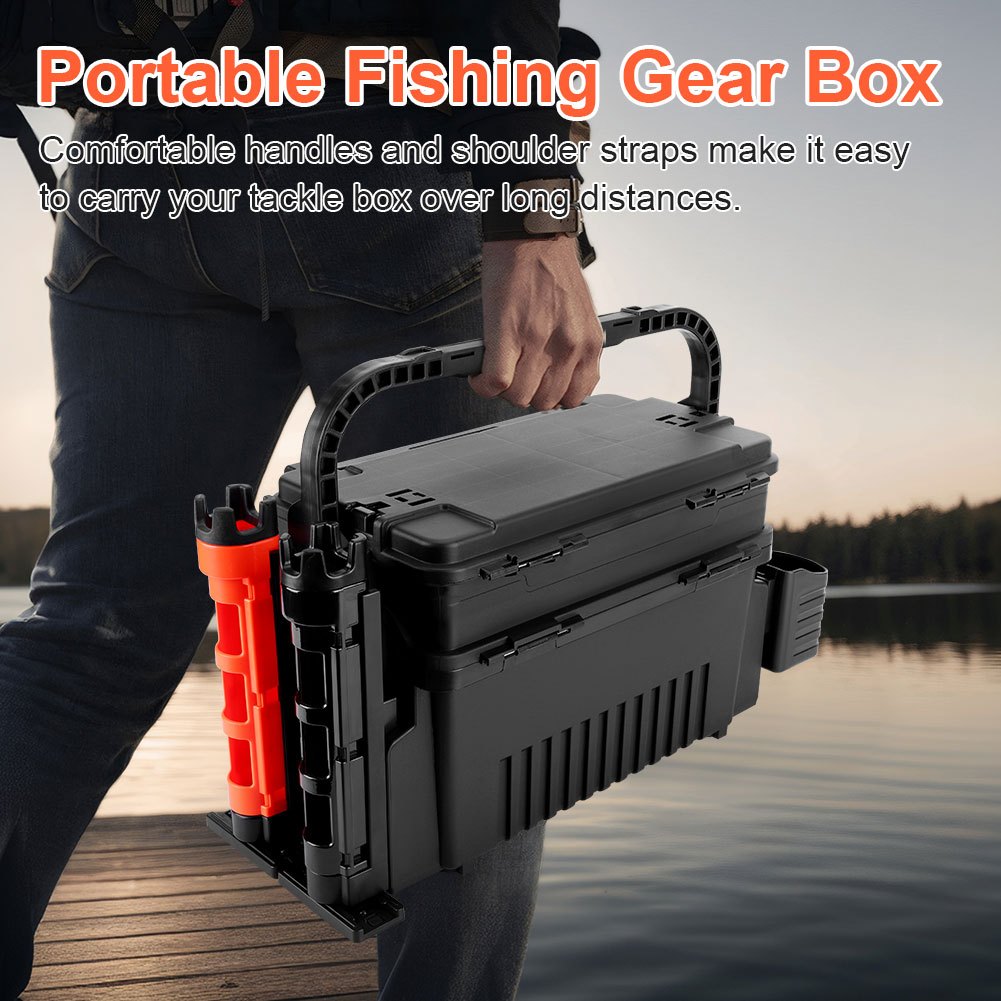 Two-Level Fishing Equipment Storage Box with Rod Support And Cup - 2.91 Gallon Spacious Fishing Gear Transport Case, Storage for Rods, Reels, And Accessories (Portable And Comprehensive)