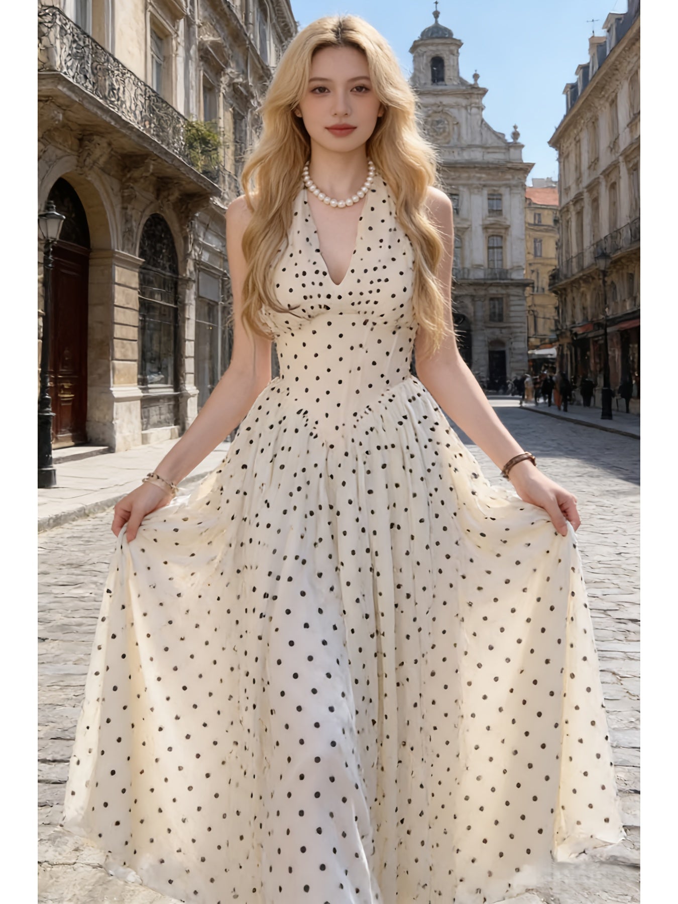 French Polka Dot V-neck Halter Dress | Pure and Seductive Waist-Controlled Big Swing Long Dress, Backless Slim-fit Fairy-like Skirt for Women, Elegant Style for Spring/Summer/Fall