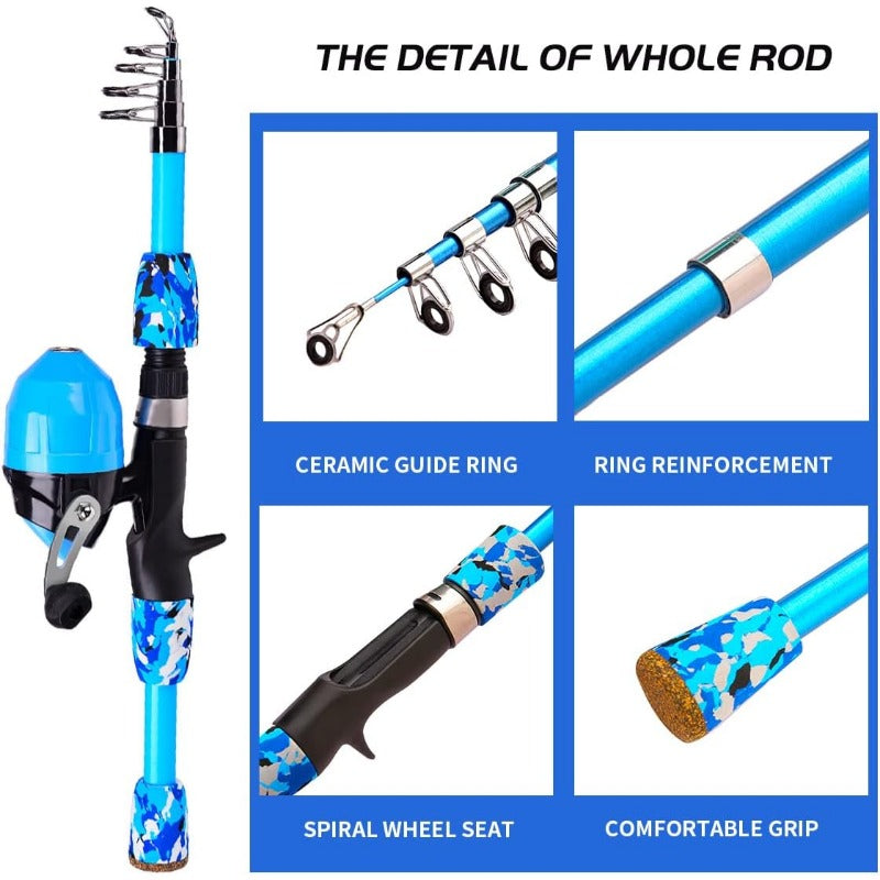 Fishing Rod and Reel Combo with Soft Bait Set, Collapsible Telescopic Pole, Pre- Line & Push Button Reel - Complete Fishing Kit for & Ages 6-10, Lightweight Portable Fishing Gear with Carry Case, Hooks, Swivels &