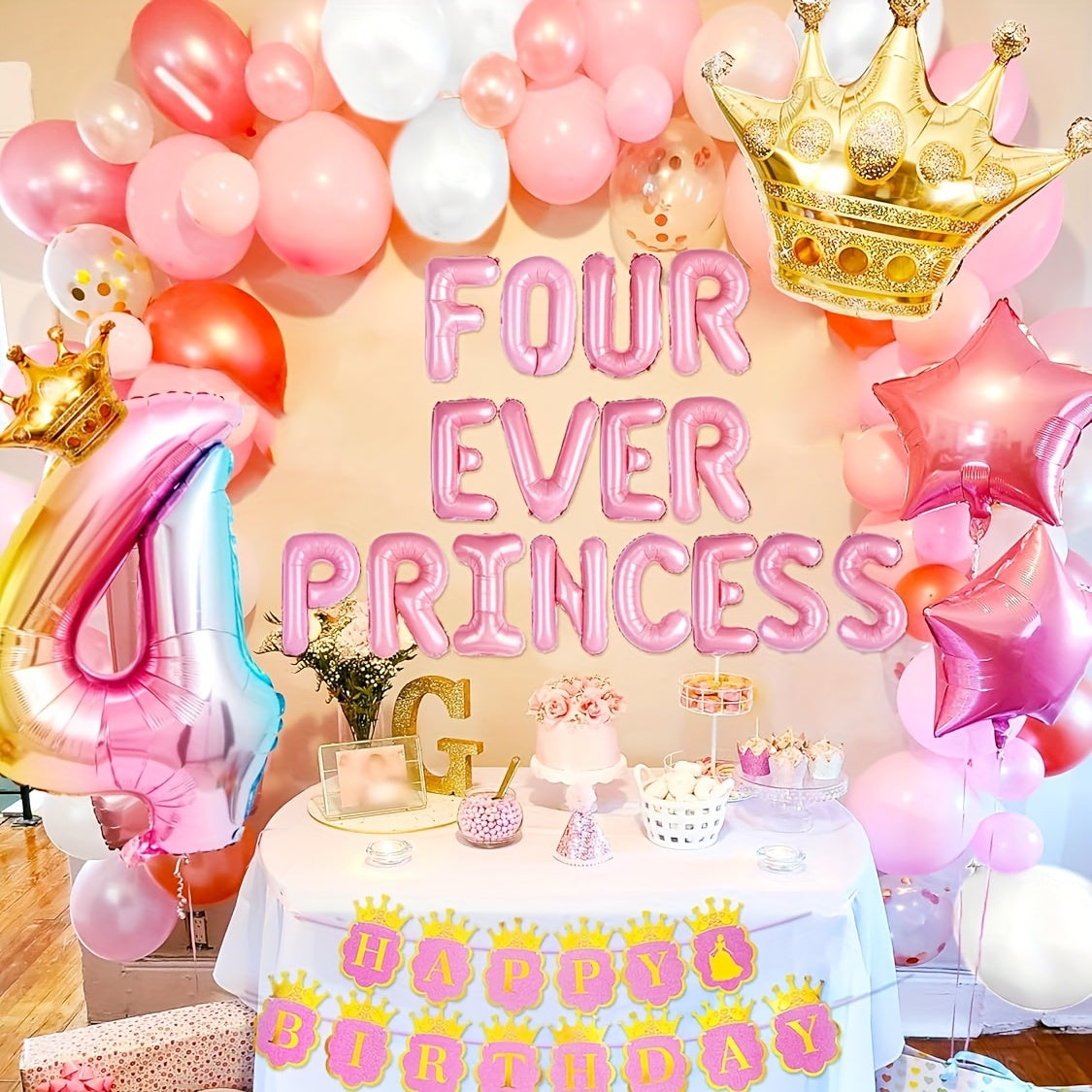 JeVenis 22pcs Four Ever A Princess Birthday Decorations Pink Golden Princess Castles Balloon Garland Crown Number 4 Foil Balloons Banner For 4 Years Old Birthday Party Decor Supplies