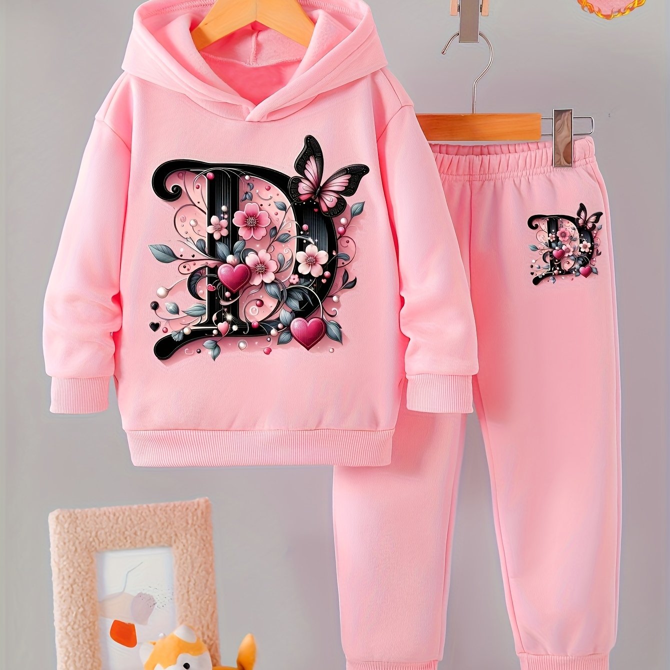 Toddler Girl Love Bear Print Hoodie Set, Autumn/ Winter, for Outdoor