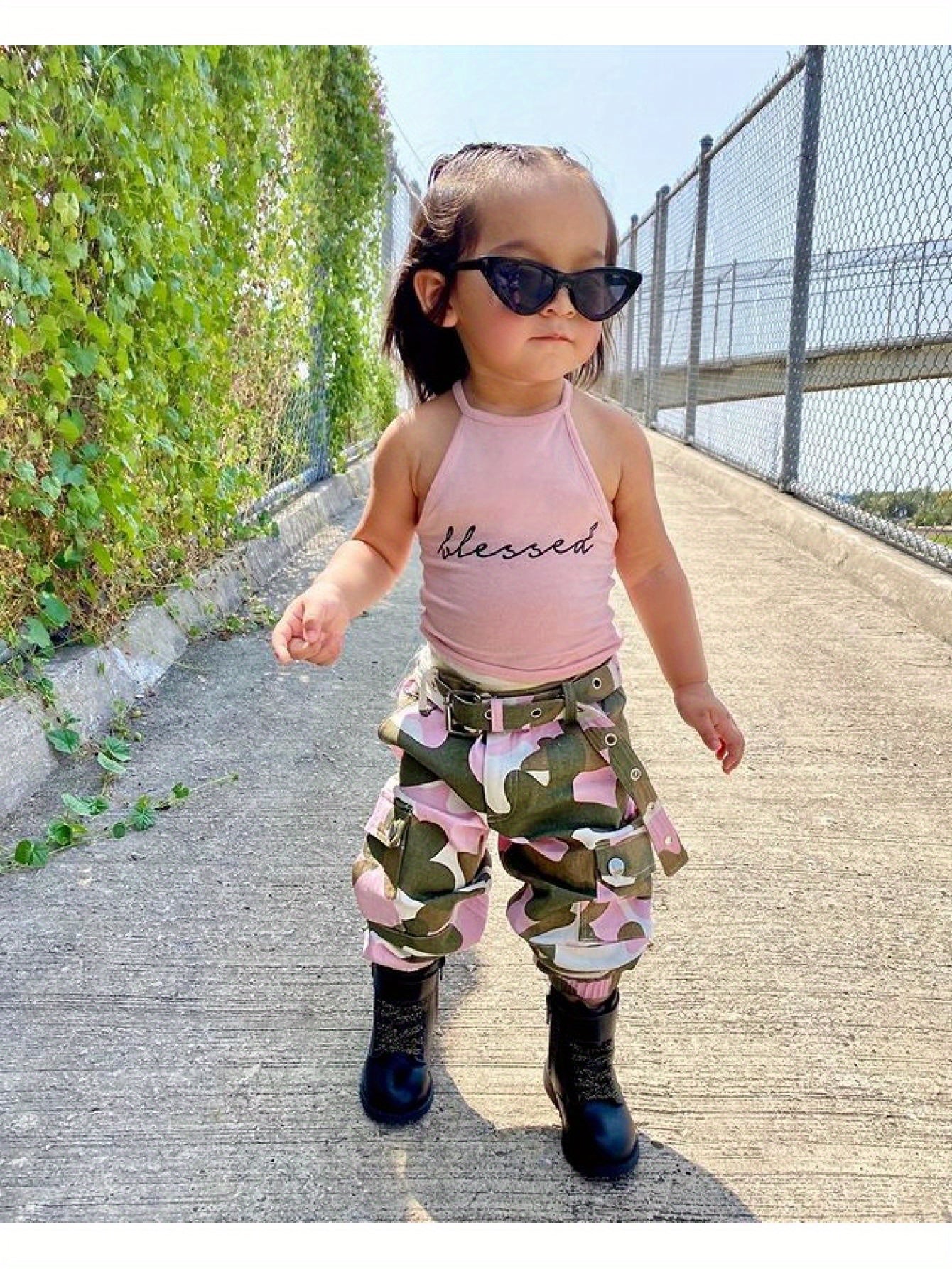 Girls 2pcs Clothes Set, Sleeveless Letter Printed High Neck Halter Tops with Camouflage Printed Long Pants