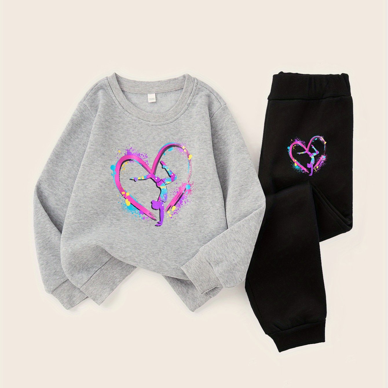 Girls' Cozy Gymnastics Watercolor Print Sweatshirt Set - Black with Vibrant Heart Design, Perfect for Outdoor Activities, Casual Wear, Allseason Comfort, Gymnastics Outfit|Playful Print|Stretchy Fabric