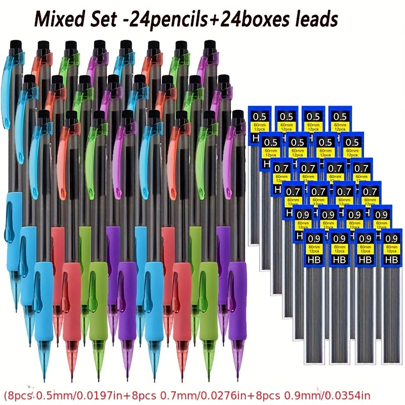 Side Press Mechanical Pencils Set with Replaceable Lead, 0.5/0.7/0.9mm Comfortable Grip Automatic Pencil Set for Office Writing Supplies Back to School Stationery(24pencils+24boxes of Lead)