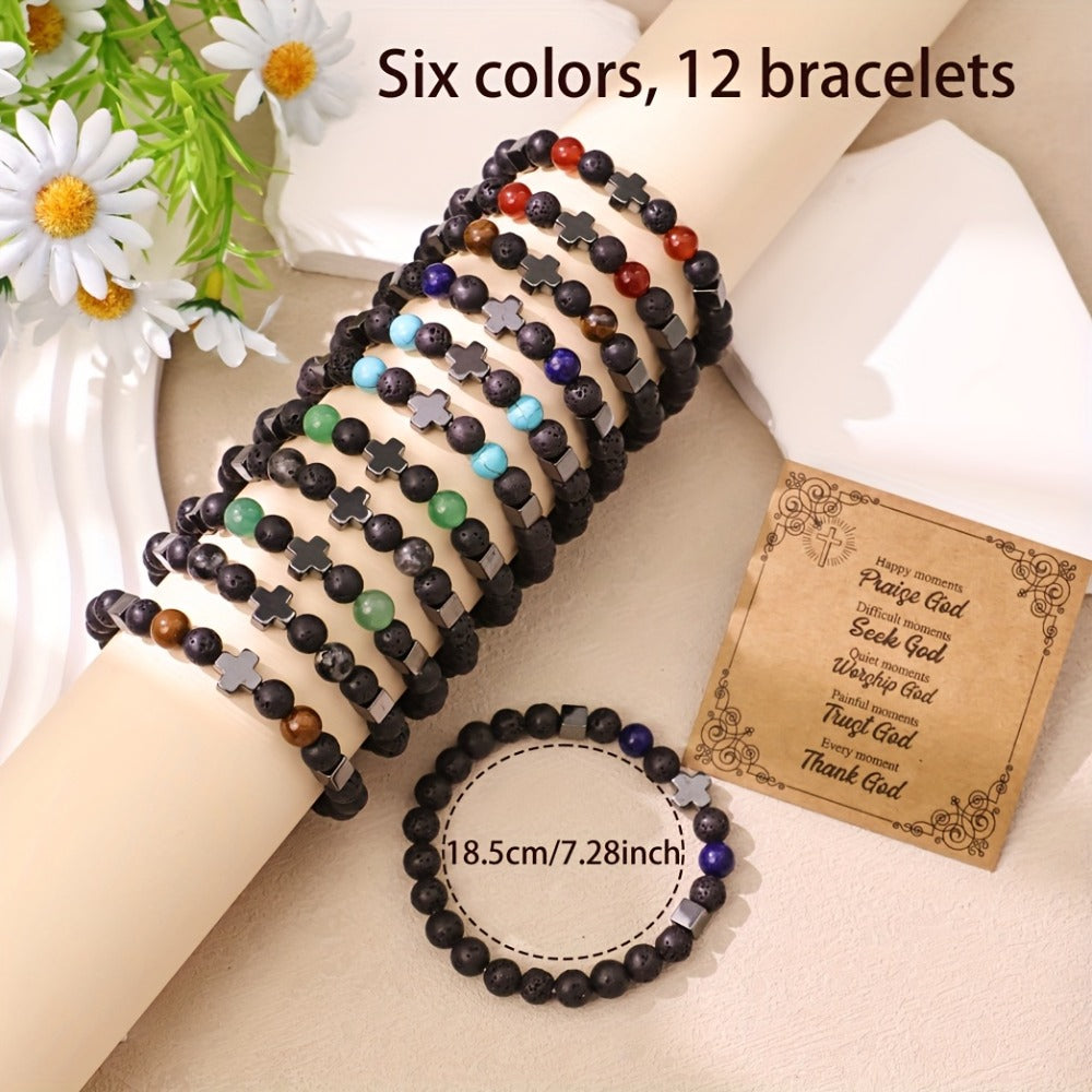 Natural Stone Beaded Christian Bracelet Set With Cross Charms