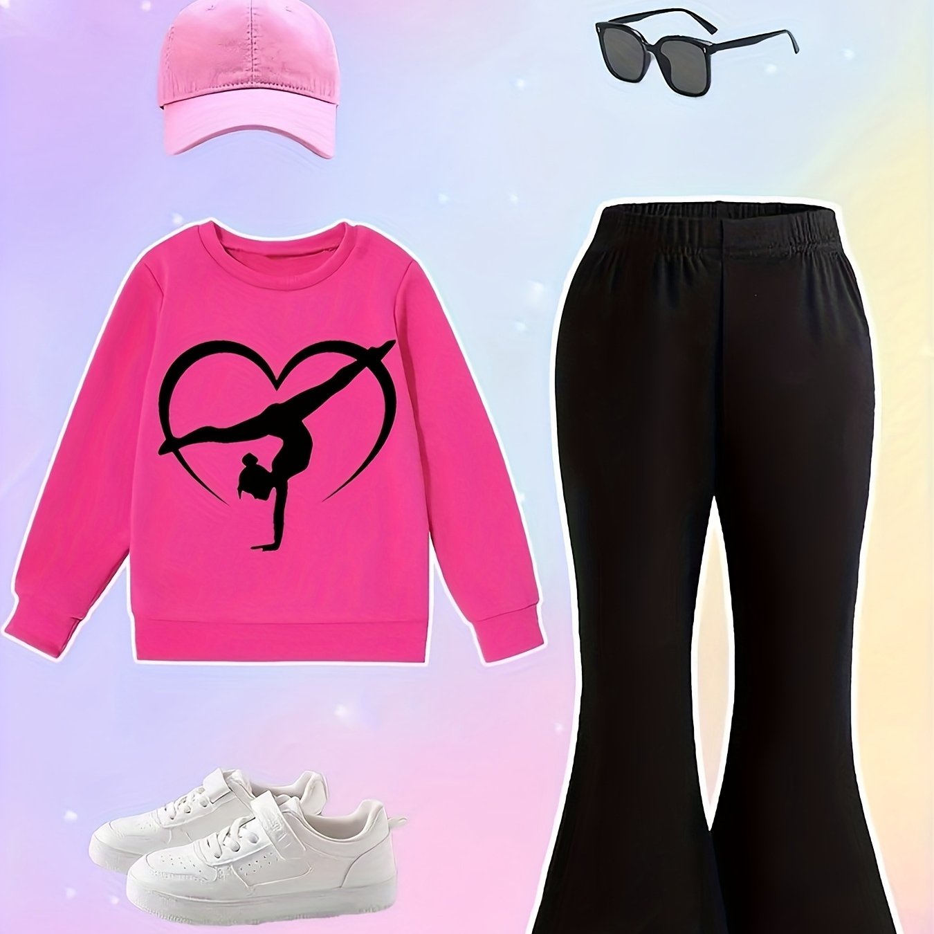 Girls' Gymnastics Dance Outfit Set - Heart Gymnast & Flared Pants with Handstand Pose Decor, Beige/Black/ Pink/Black/White/Gray/, Soft Light Beige-Friendly Fabric for K-POP Dance Practice, Gymnastics Performances, Casual Atti