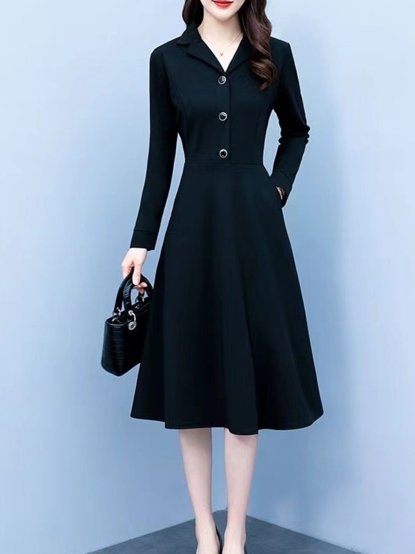 SCACTO Women's Elegant Button Front Long Sleeve A-Line Dress - Slim Fit Mid-Length Office Dress, Machine Washable Professional Attire for all-Season Wear