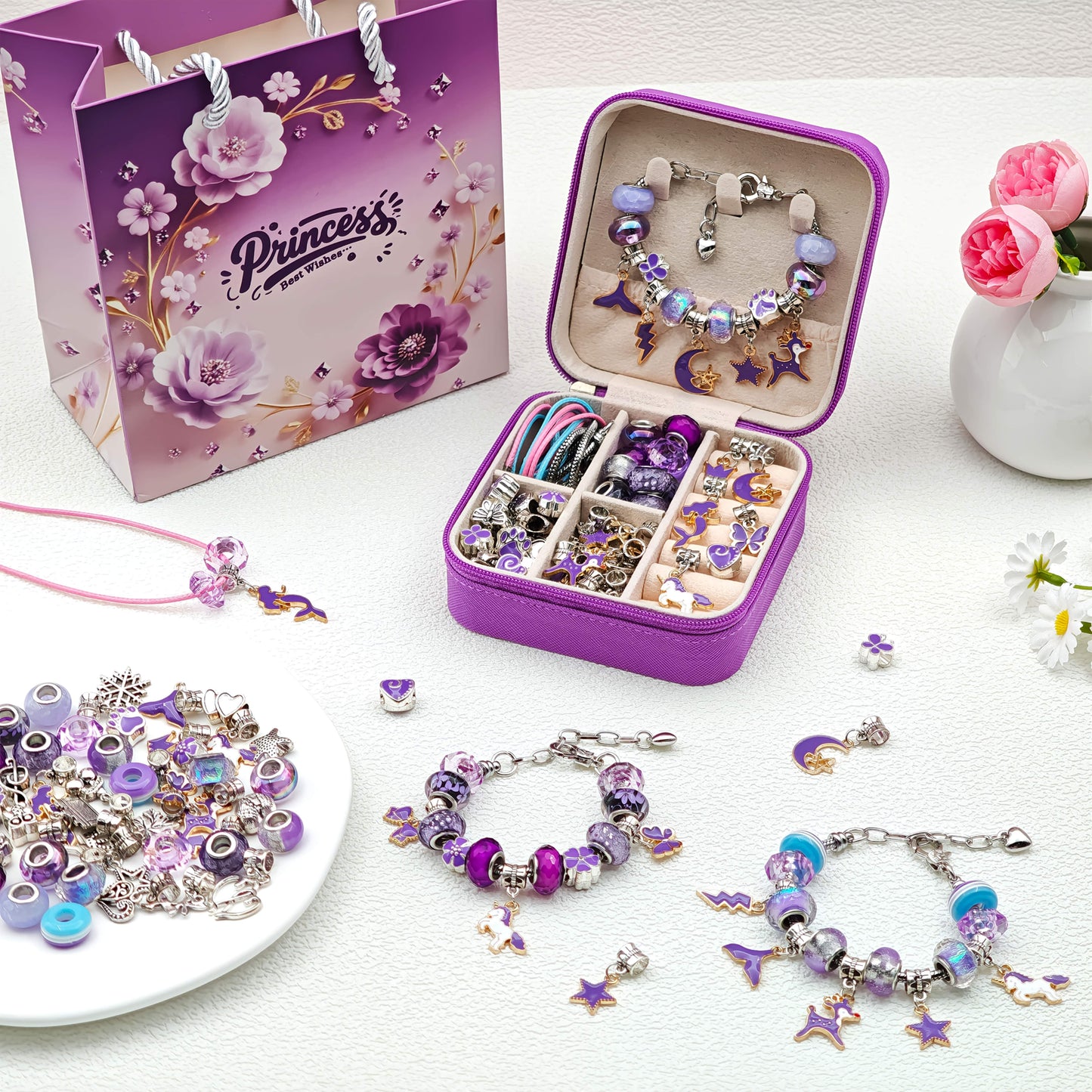 68 Piece Violet Beaded Bracelet Making Kit With Purple Jewelry Box And Gift Bag For Jewelry Crafts Keychains, Earrings