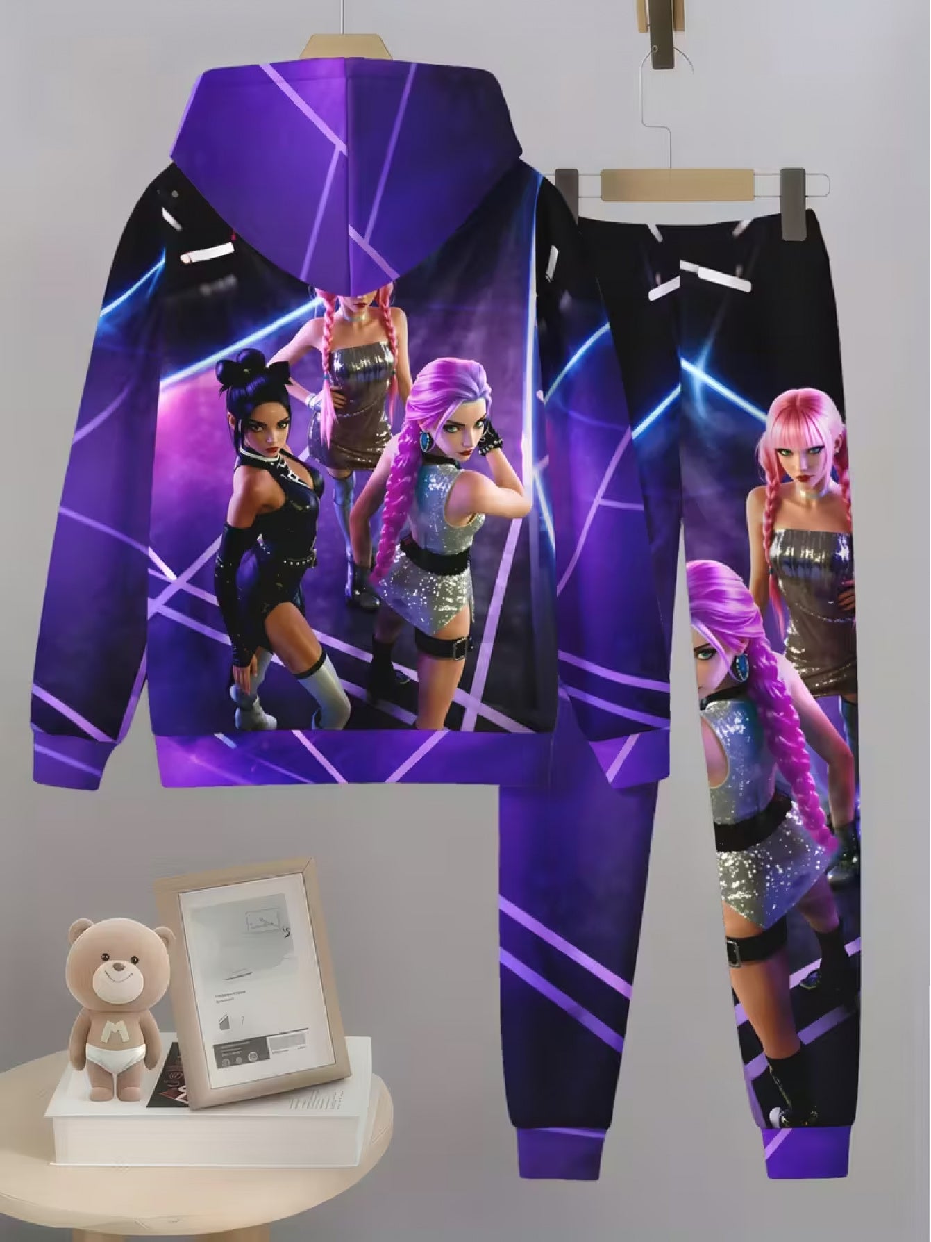 Girls Hoodie And Pants Set With Kpop Prints Comfortable Polyester Elastane Fabric Hooded Tracksuit For Festivals