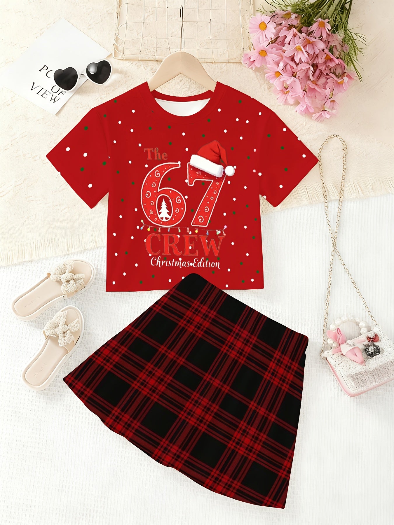 Girls Summer Short Sleeve Short Skirt Two Piece Set, Red and Black Plaid Skirt, Christmas No. 67 Cartoon 3D Printed Round Neck T-Shirt, Summer Set, Suitable for Casual Vacation Party, Suitable for Outdoor Scene Wear