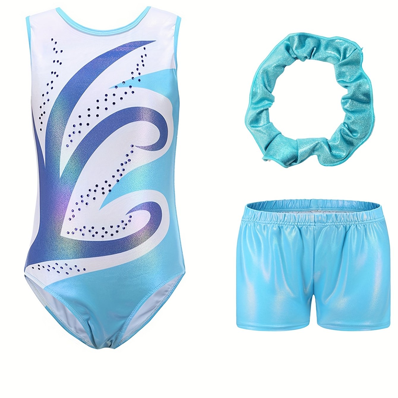 Girls' Sleeveless Gymnastics Leotard with Sparkling Blue & Purple Swirl Design + Light Blue Shorts & Hair Tie - Breathable Stretchy Fabric for Dance, Gymnastics, Christmas Parties, Gymnastics Attire, Sleek Fitted Design, Medi