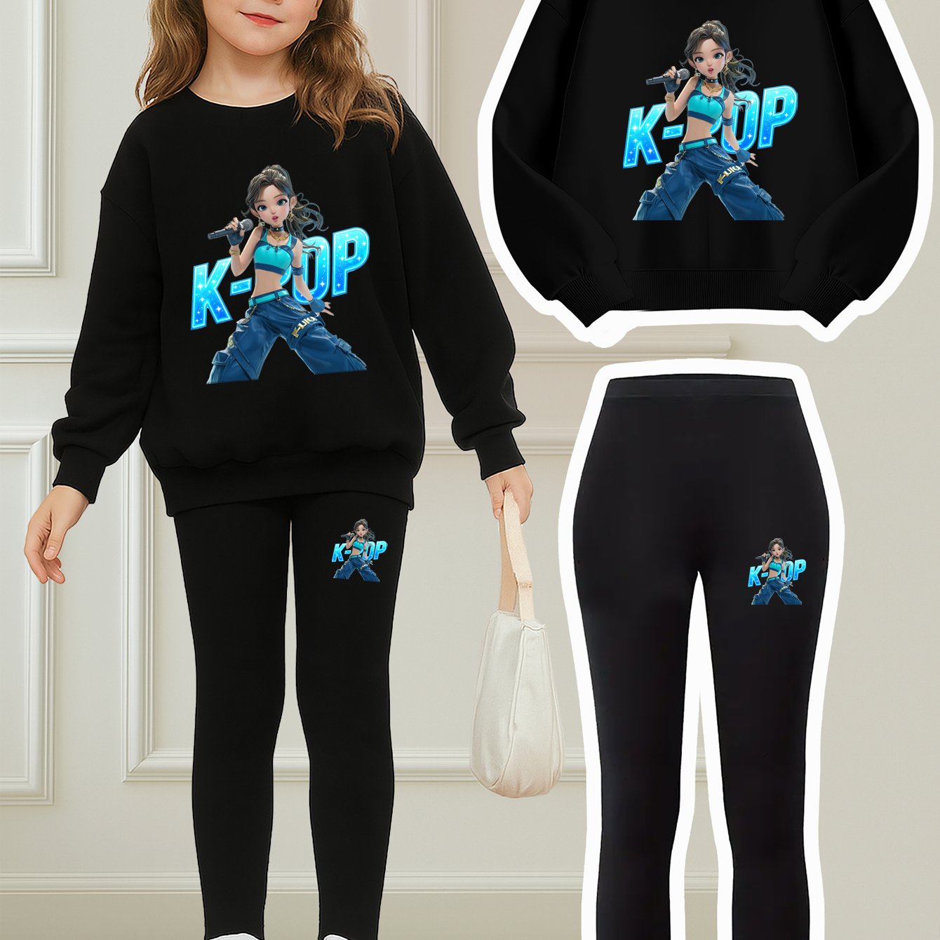 K-Pop Element Girls Two-piece Set | Girl Idol Group Anime Print Sweatshirt + Tight Pants | Trendy Brand Daily Wear | Perfect Birthday Gift for Girls, for Outdoor