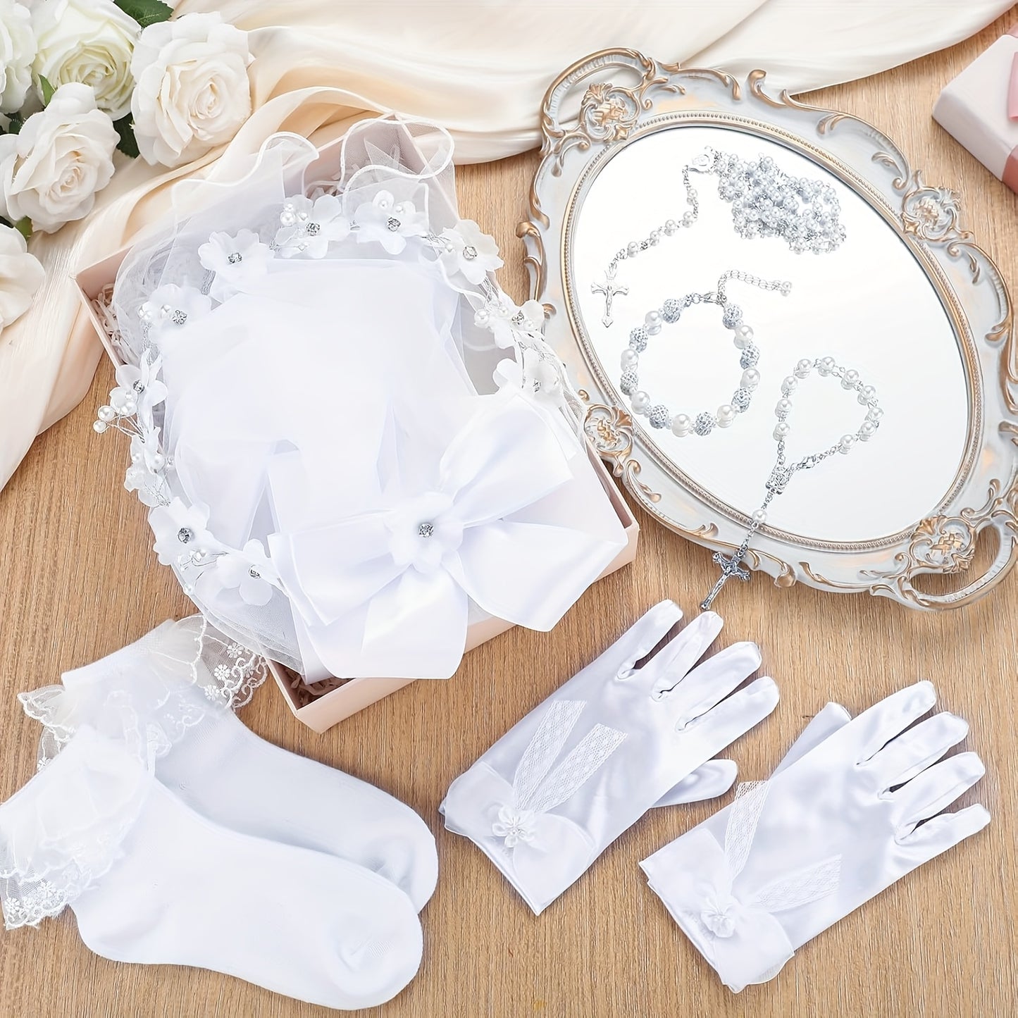 CHUMIA Complete First Communion Outfit Veil Wreath Headpiece Necklace