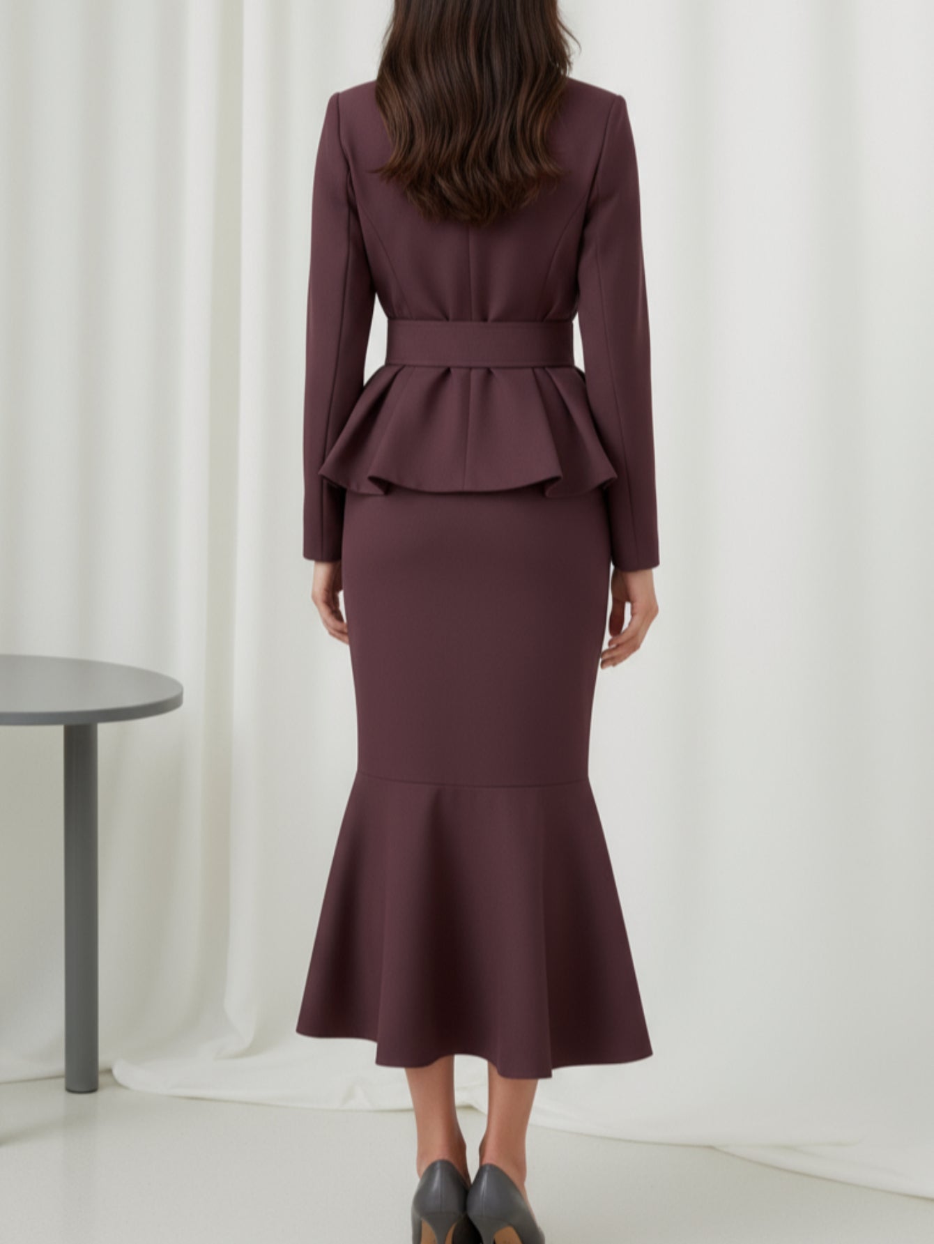 Women's Shawl Collar Ruffled Waist-Defined Midi Skirt Two-Piece Set | Suitable for Business Banquets, Formal Events, Creating an Elegant, Youthful and Sophisticated High-End Outfit