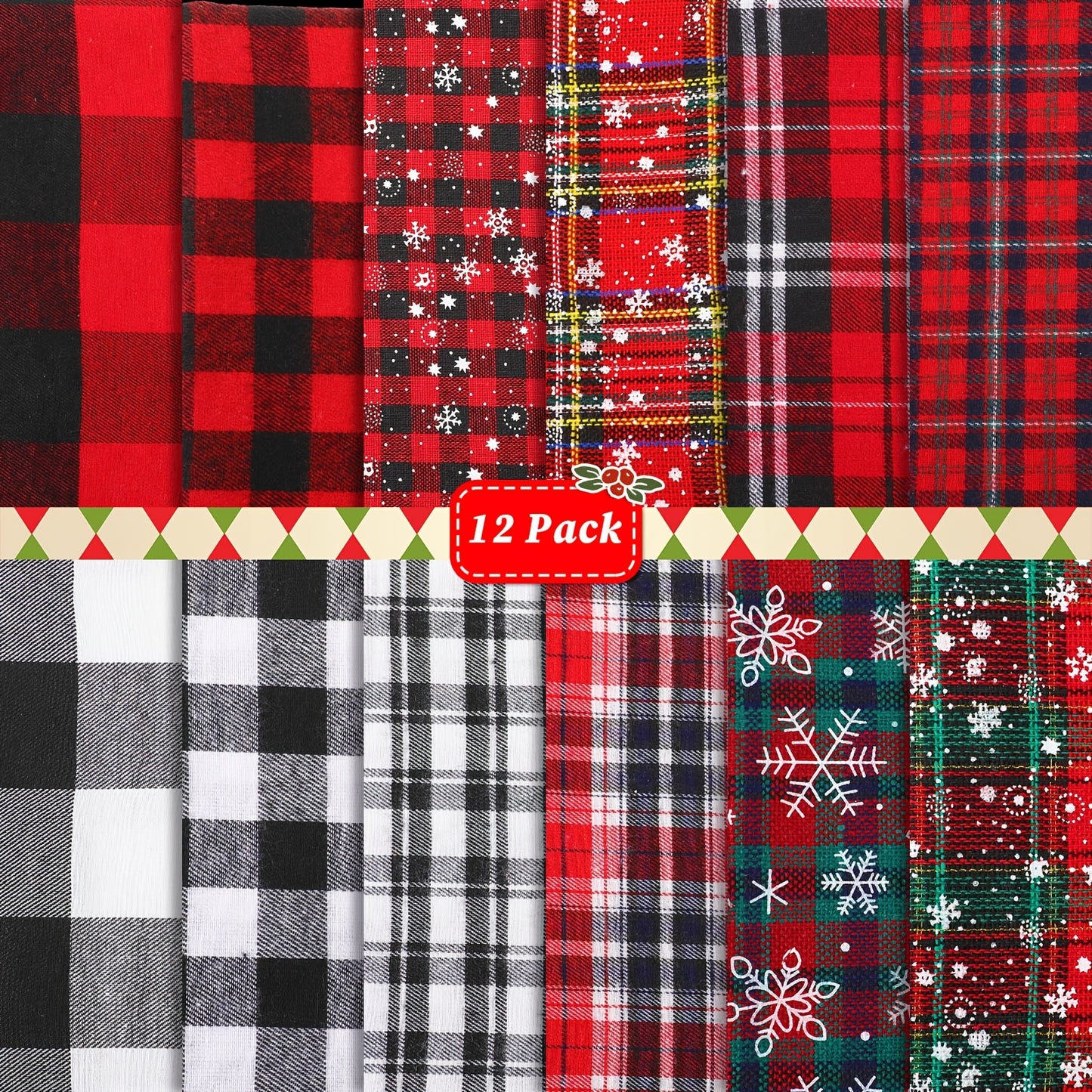 TENARE Christmas Buffalo Plaid Fabric Bundles Fat Quarters 12pcs