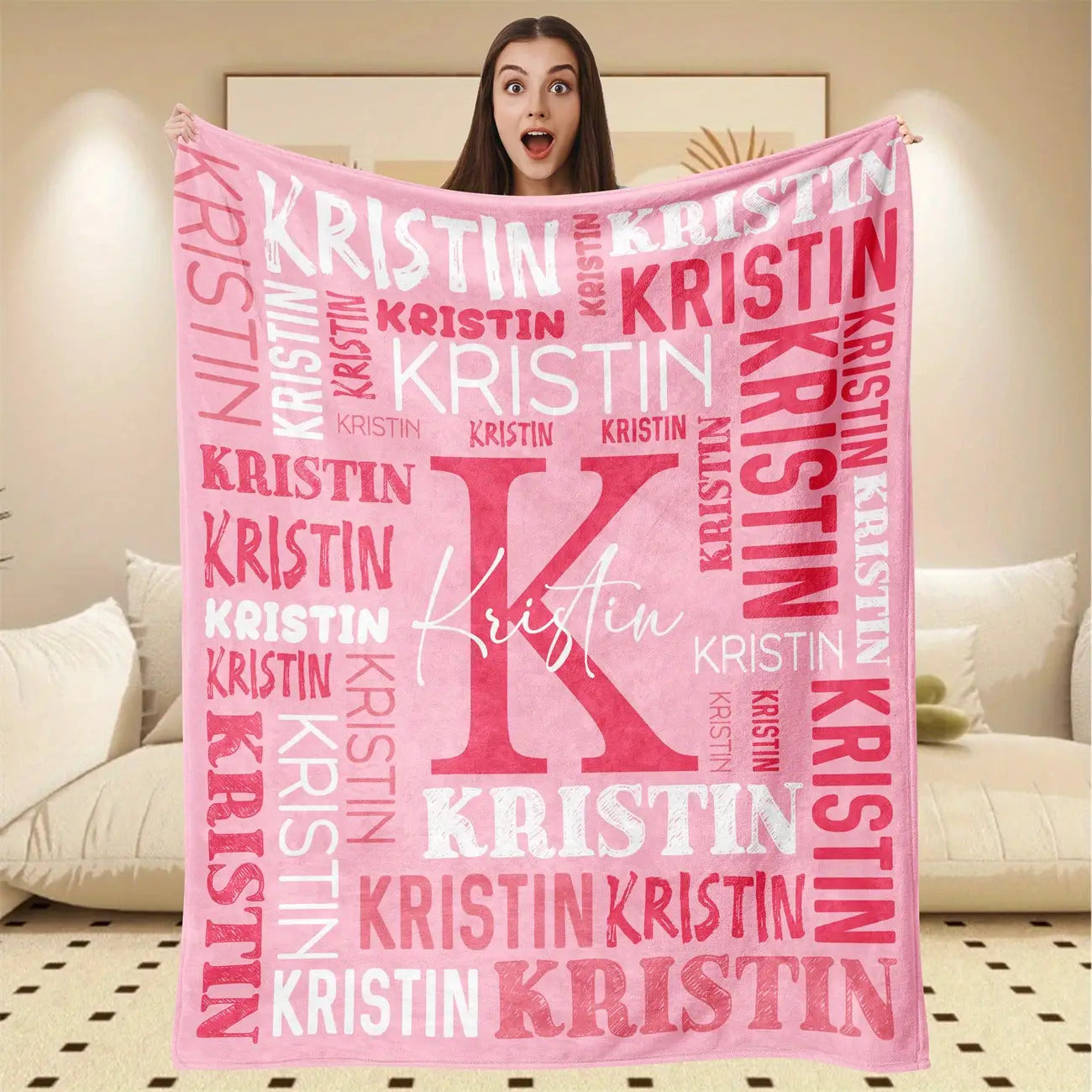 Personalized Name Throw Blanket - Extra Large or Standard - Soft & Breathable Flannel - All-Season Luxury - Bold Lettering (Pink, Blue, Purple, Red, Turquoise, Black, White, Grey, Beige) - Ideal Gift for Women, Girls, Boys -