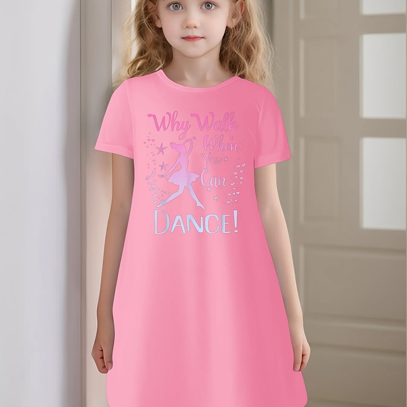 Girls Ballet Dance Recital Outfit - Pink tutu-like dress with "Why Walk When You Can Dance!" Phrase, Stretchy Knit tutu party dress for Ballet Performances, Photo Shoots - Machine Washable Birthday Girl Dance, Ballet Dress, C