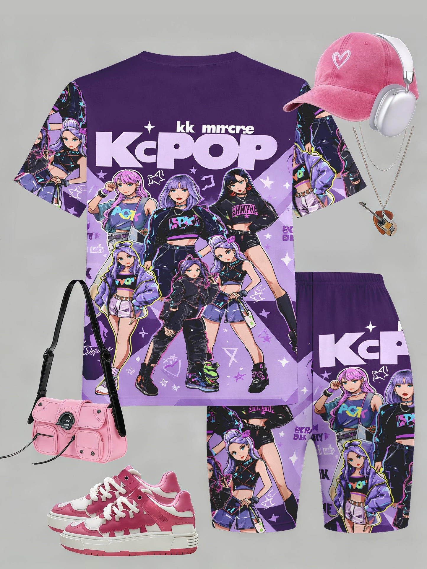 Girls 2Pc Polyester Print Short Sleeve and Shorts Set
