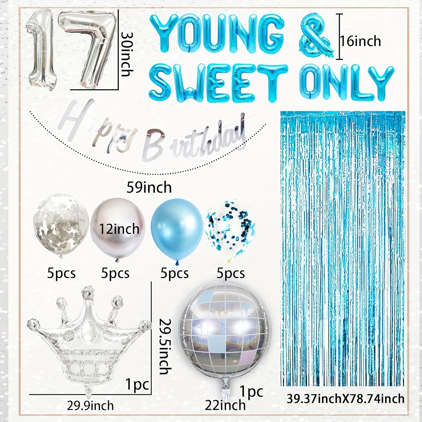 LaVenty 26pcs Silvery Blue Youthful and Sweet Birthday Decorations, Youthful and Sweet Banner with Dancing Queen, Disco Balloons in Rose Golden, Birthday Banner with Crown Queen Balloons