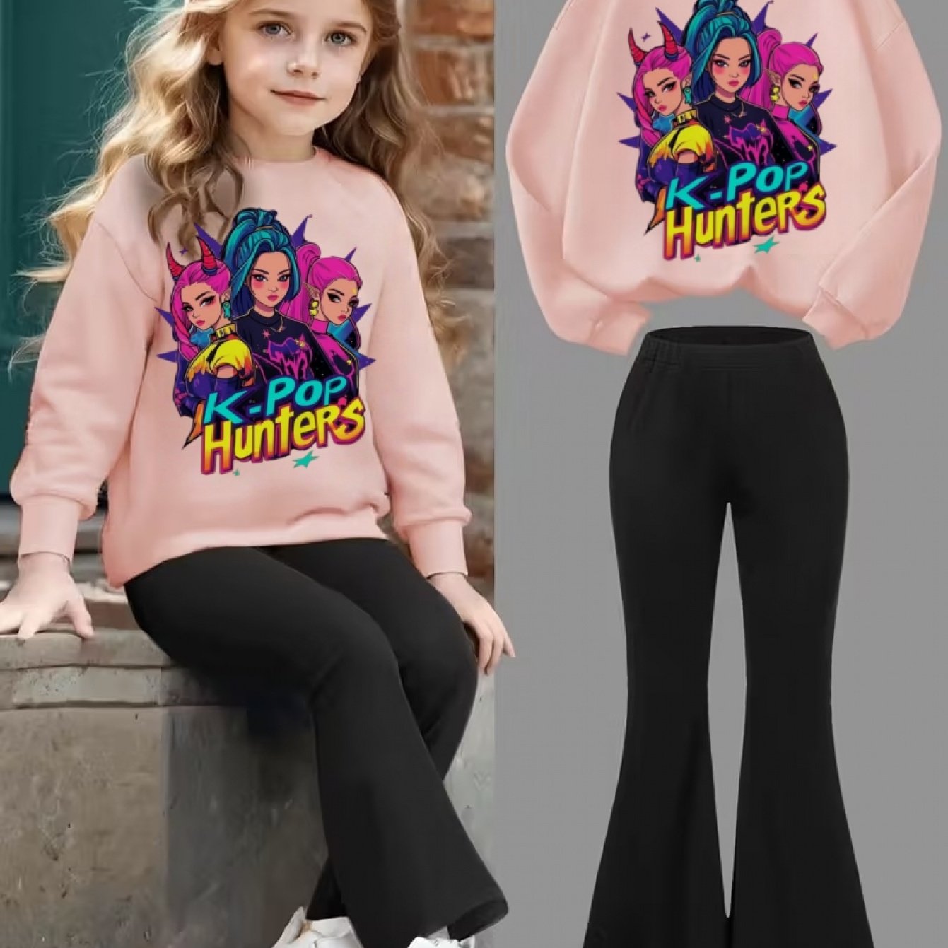 Two Piece Girls Sweatshirt And Flared Pants Set With 3D Printed KPOP Pattern For Ages 3-12 Polyester Machine Washable
