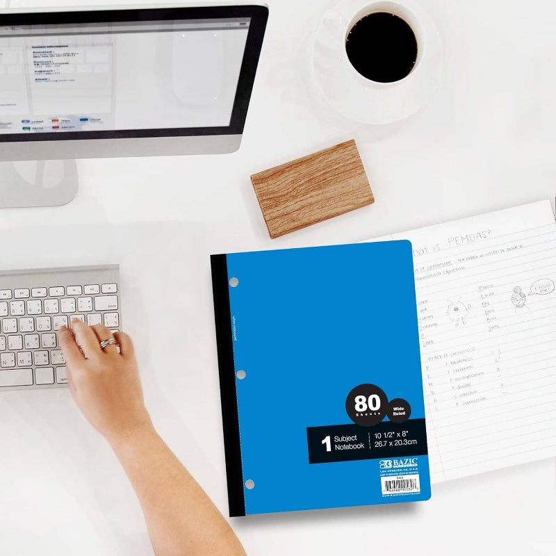 Notebook Wide Ruled 1 Subject 80 Sheets Wireless Notebooks, 3 Punched Holes Lined Composition Book, Assorted Color, 24 - Pack