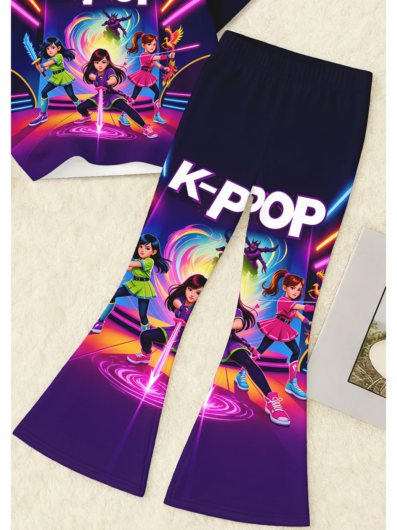 Girls K Idol Group Outfit Set 2 Pieces T Shirt and Flared Pants Breathable Casual Wear for K Drama Themed Outfits