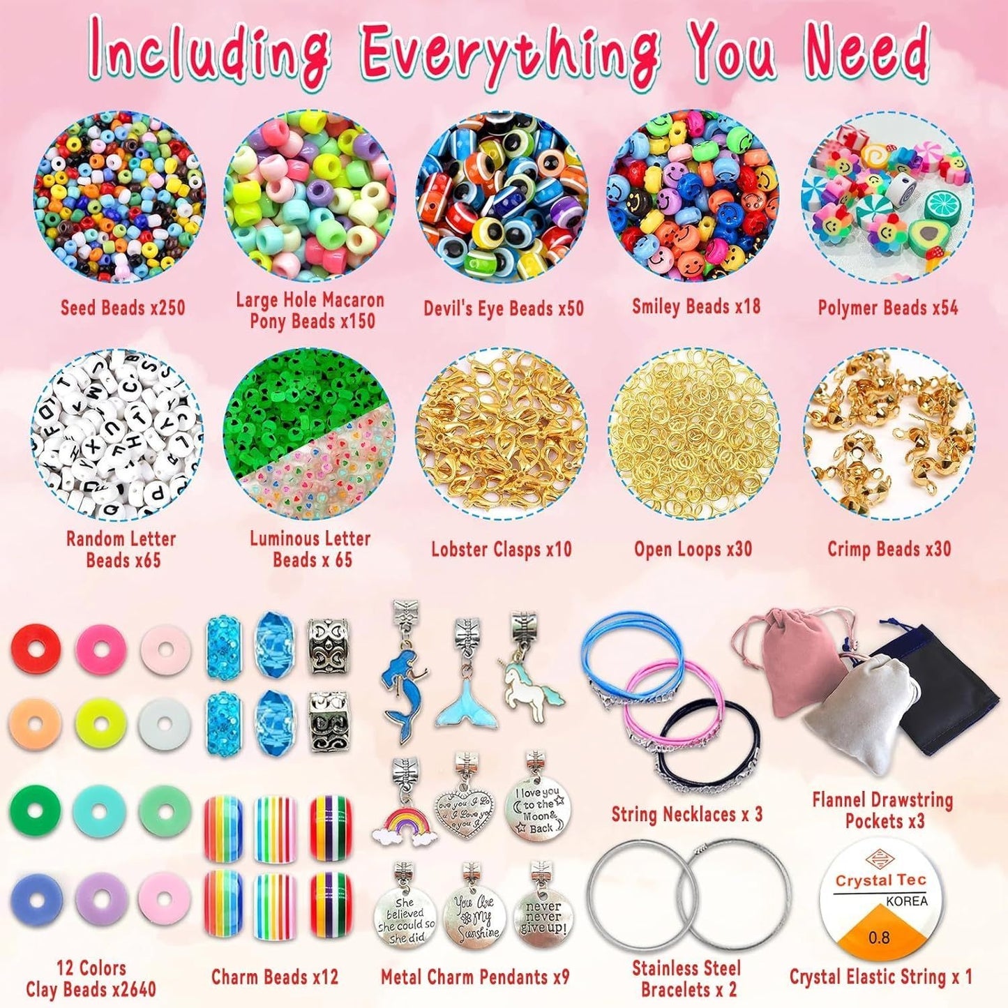 Bracelet Making Kit with Unicorn & Mermaid Beads, Letter Beads, Rainbow Beads & DIY Jewelry Craft - Complete Charm Bracelets Kit for Birthday Party Favors, Creative Birthday/Halloween Gifts with Storage -like Manual (Ages