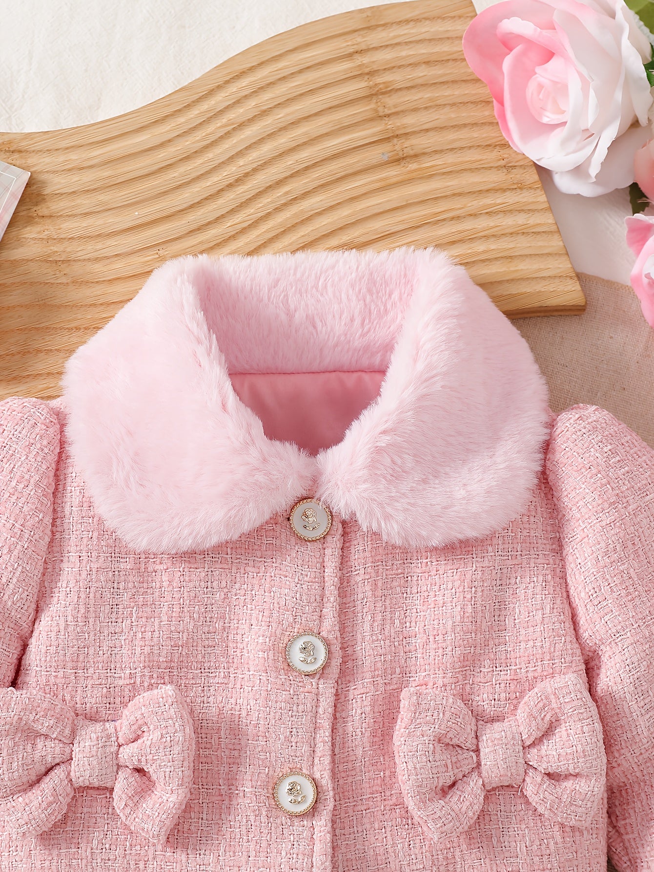 Baby Girl Two Piece Skirt Set With Bow Plush Collar