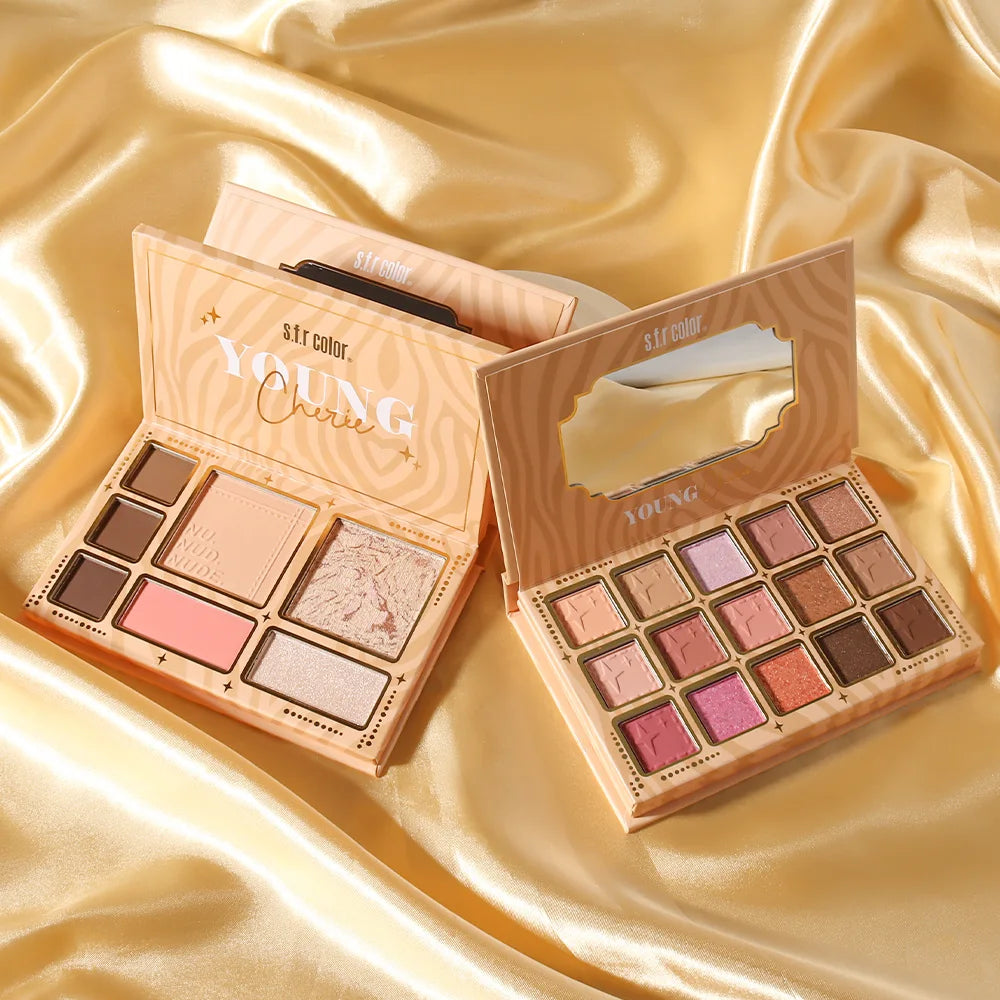 All In One Neutral Nude Makeup Palette, 15 Eyeshadow + Eyebrow Powder + Blush + Highlight Set, Matte Shimmer Warm Earth Tone Multifunctional Face Eye Cosmetic Kit