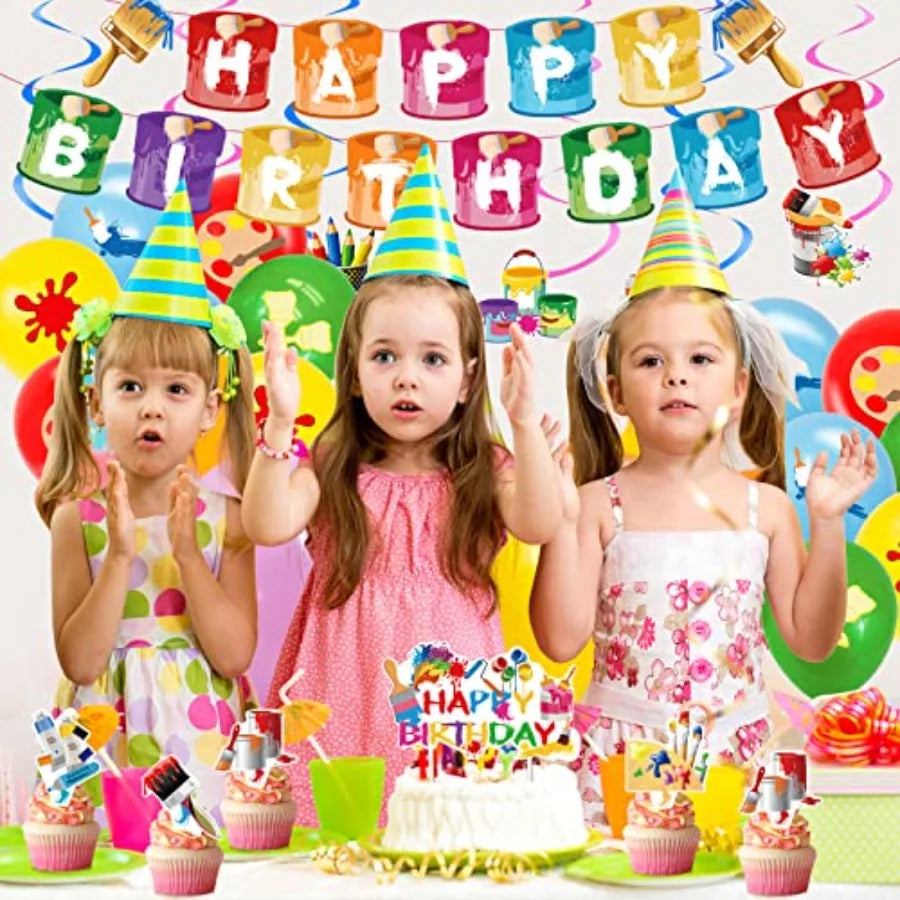 48 Pieces Art Birthday Party Supplies Paint Party Decorations Colorful Latex Balloons Banner Hanging Swirl Cake Cupcake Toppers