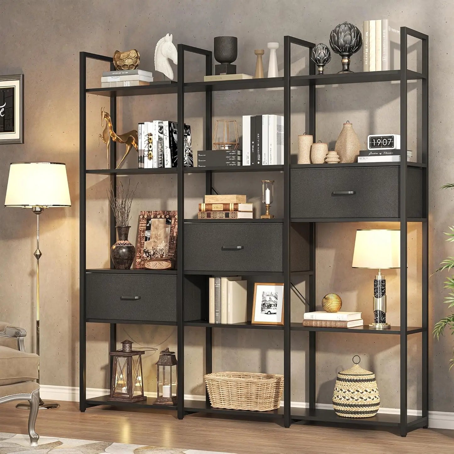 73.6" Triple Wide Bookshelf 3 Drawers 16 Open Shelves Industrial Storage Home Office Gold Customized