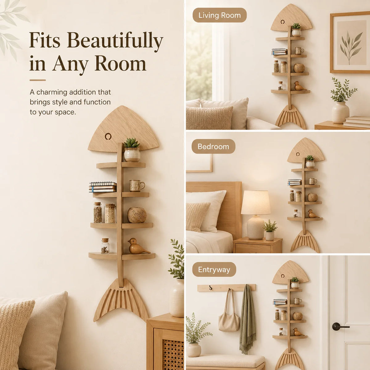 Cute Fish Skeleton Design Wooden Wall Decor Shelf, Multi-Tier Hanging Display Floating Shelves for Small Plants, Figurines, Books, Bathroom & Farmhouse Wall Decoration