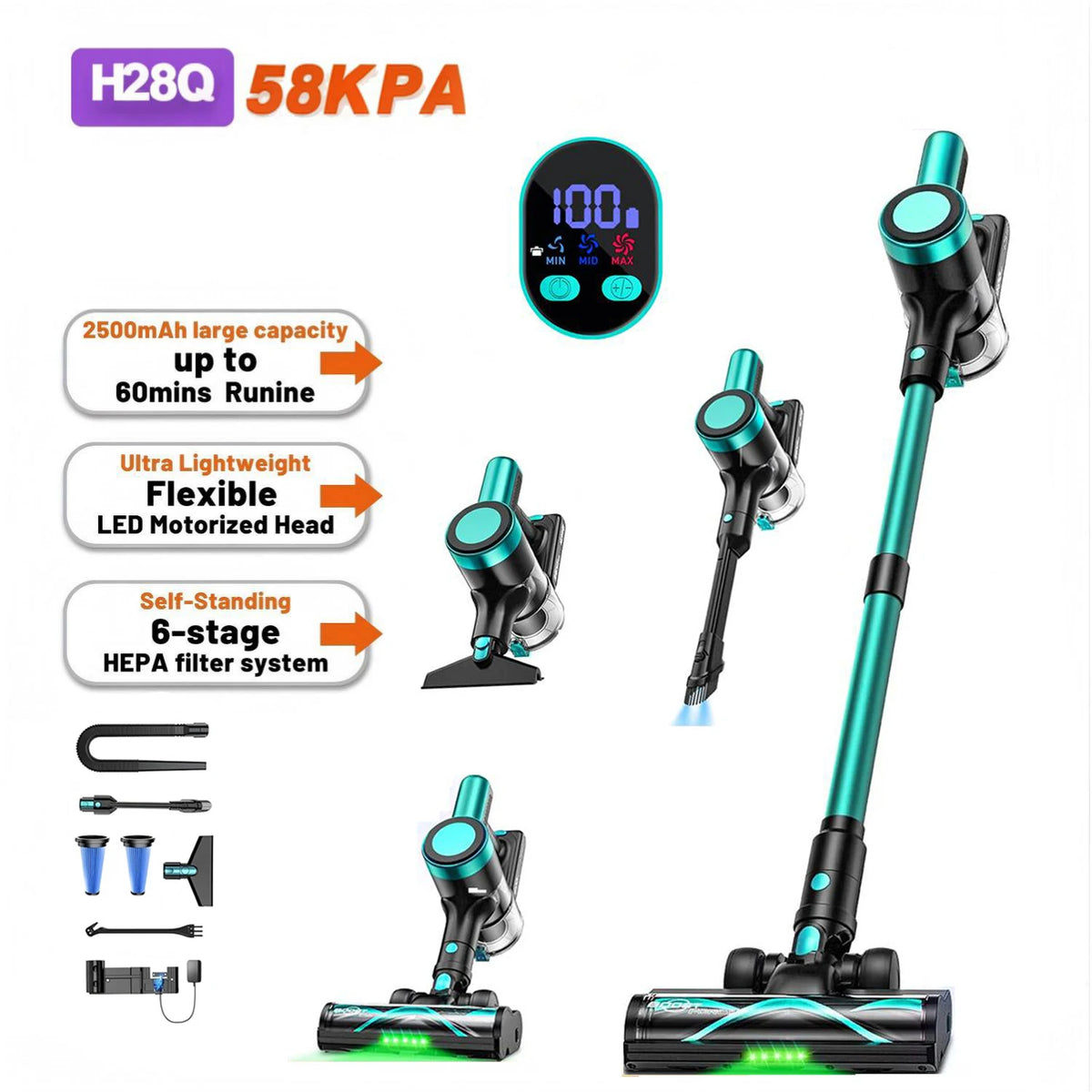 Cordless Vacuum Cleaner,Self-Standing,10-in-1/58Kpa/55Mins Stick Vacuum with LED Lighting Brush Vacuum for Pet/Hair/Carpet