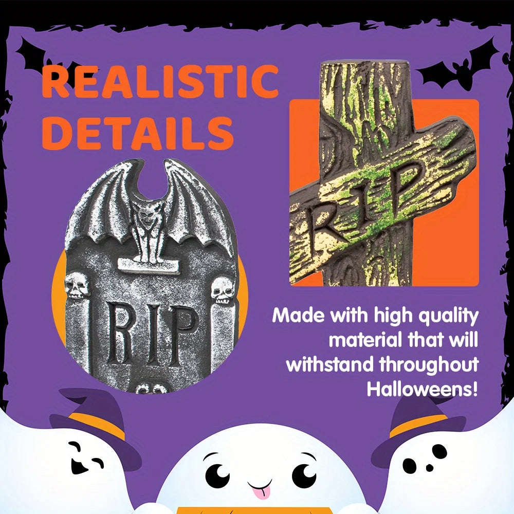 17'' Halloween Foam RIP Graveyard Tombstones, Halloween Tombstones Outdoor Decorations for Graves Decorations with 12 Metal Stakes for Cemetery Yard Lawn Party Decor