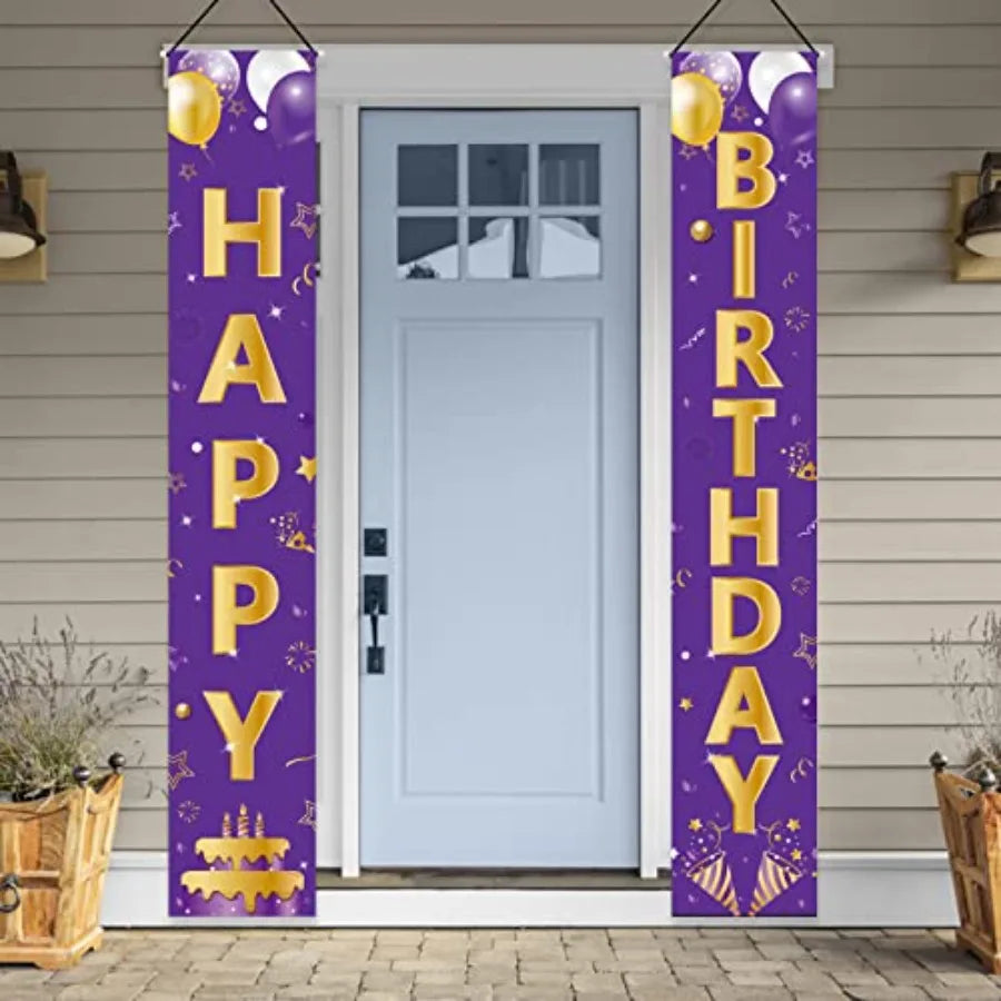 Purple Gold Happy Birthday Door Banner Decorations, Happy Birthday Porch Sign Party Supplies for Girls Women, 16th 21st 30th 40