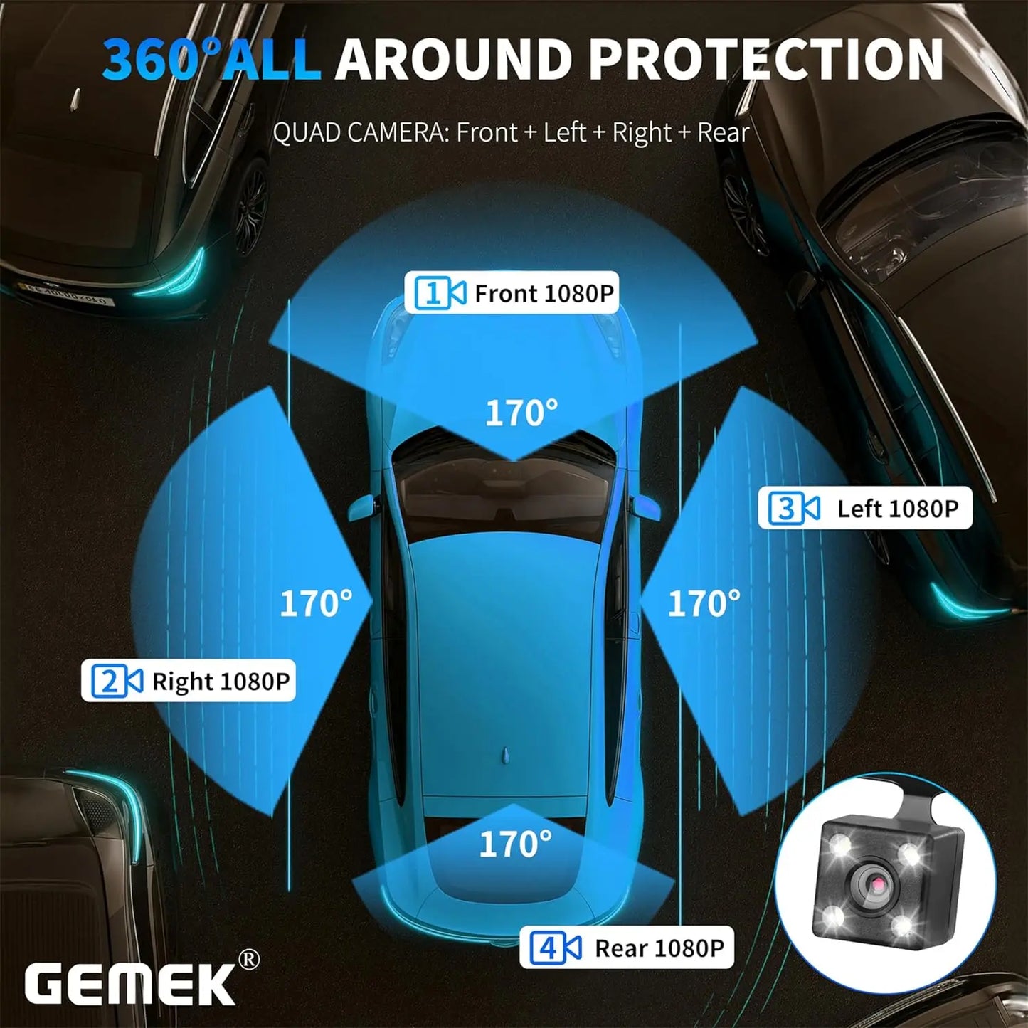 360 Degree View Dash Cam 4 Channel FHD Night Vision