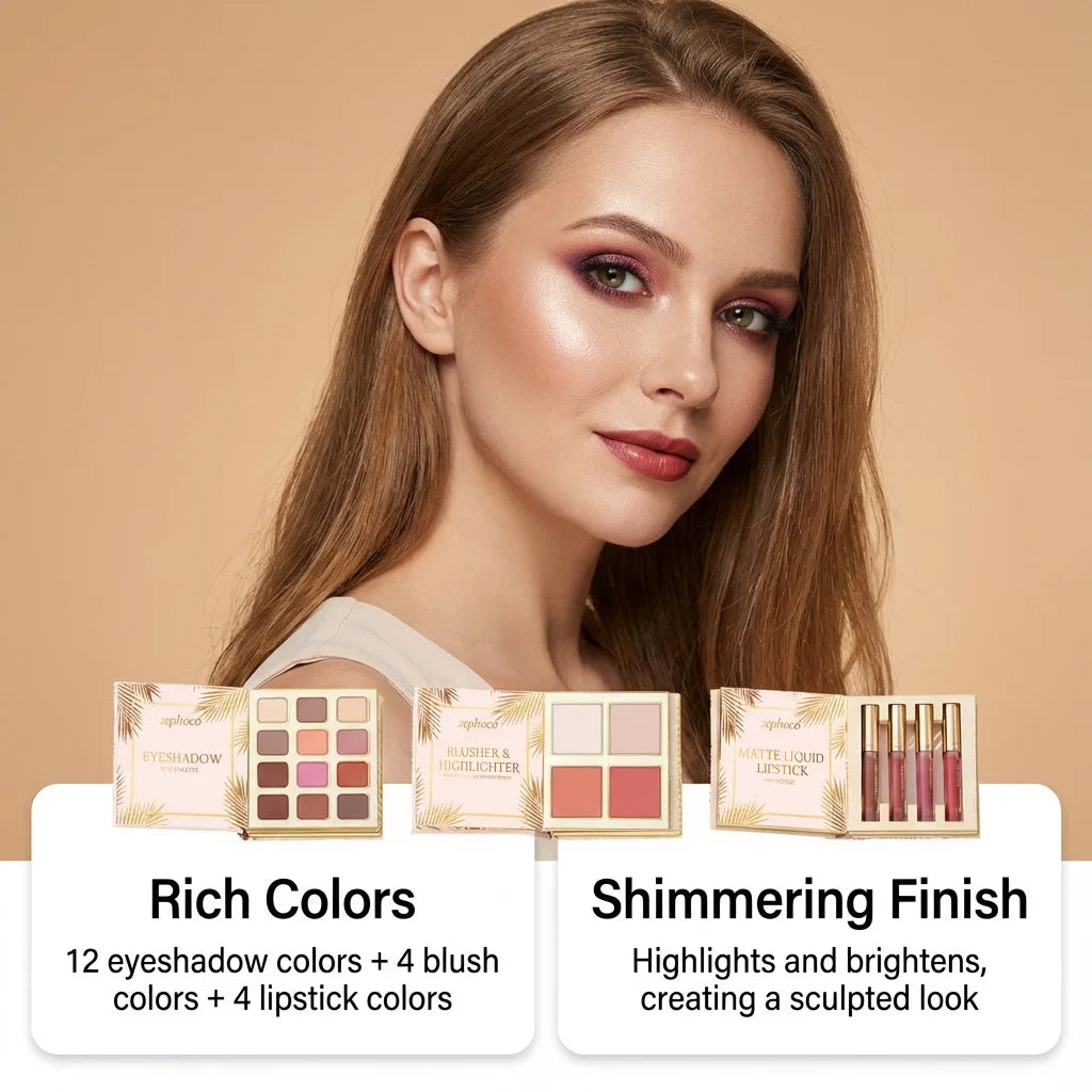 Tropical Gilded Makeup Set: All-in-One Eye Face Palette with Highlighter Blush 4Pcs Matte Liquid Lipstick Sculpting & Illuminating Sunkissed Bronze Glow Highly Pigmented Sweatproof Full Makeup Kit for Summer Festival Travel V