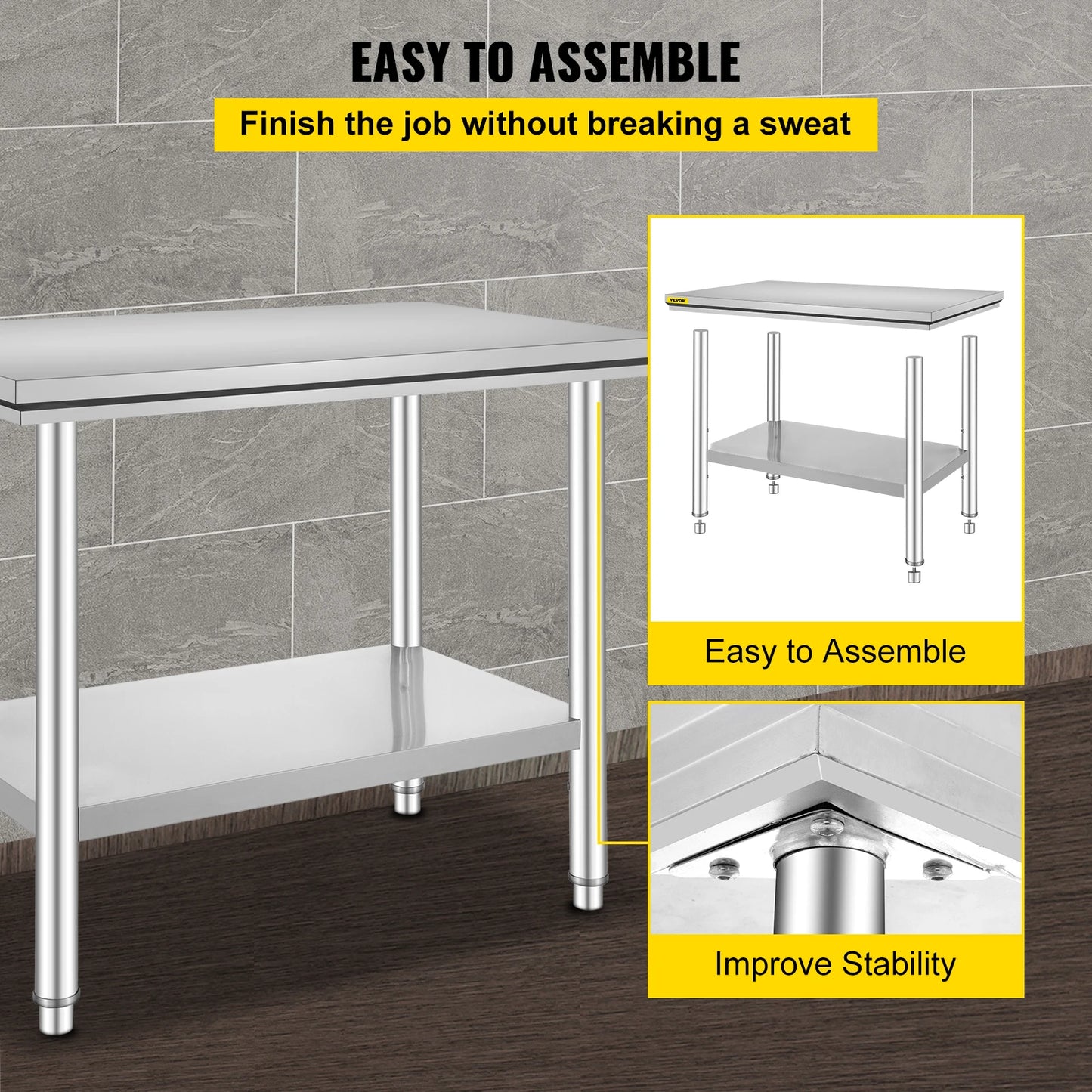 VEVOR Kitchen Work Bench Stainless Steel Commercial Table With Undershelf