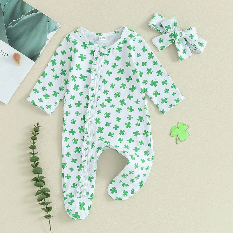 CatheryCN Infant Unisex St Patrick Day Romper Set With Headband