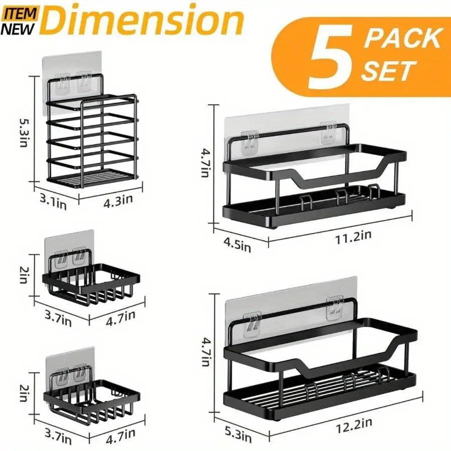 Five Pack Shower Caddy Set With Adhesive No Drilling Rustproof Stainless Steel For Bathroom And Kitchen Organization
