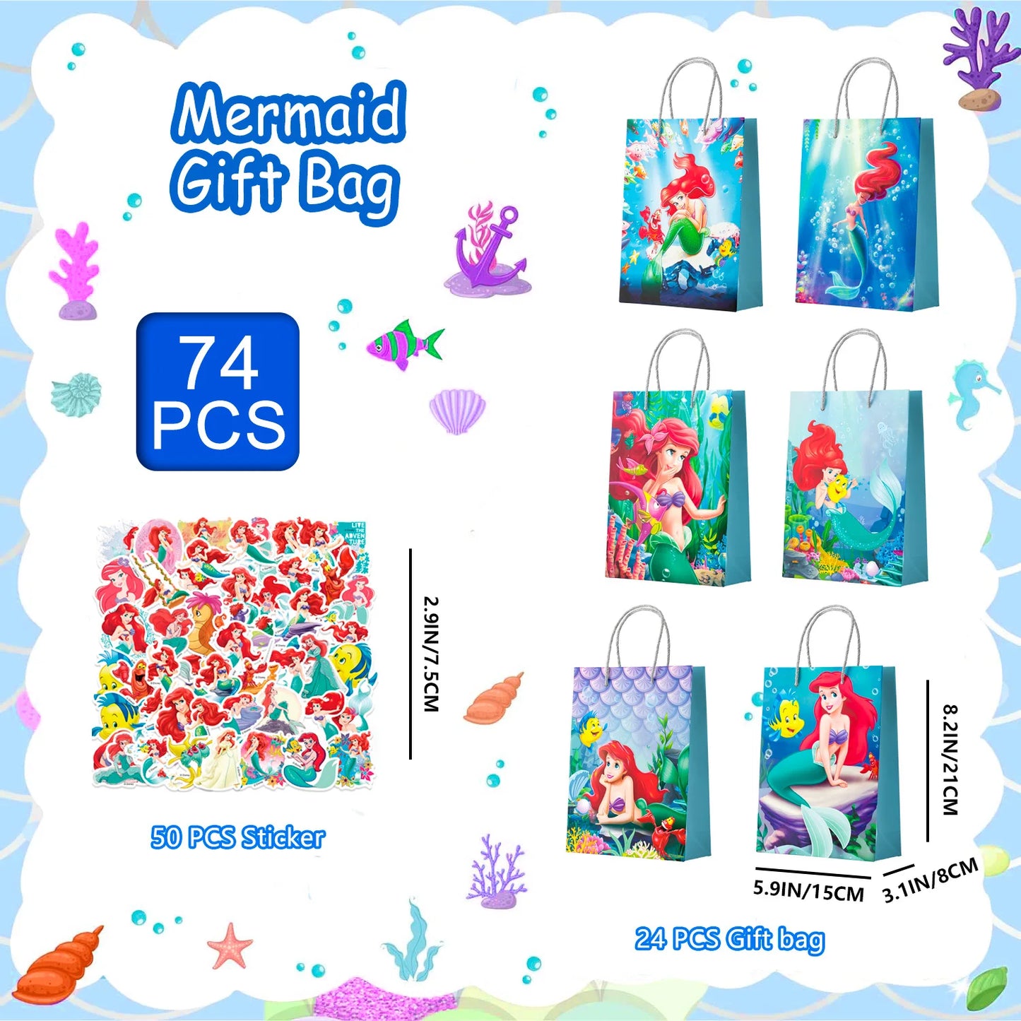 Little Mermaid Party Favor Bags 24 Pack With 50 Mermaid Stickers For Girls Kids Birthday Party Supplies