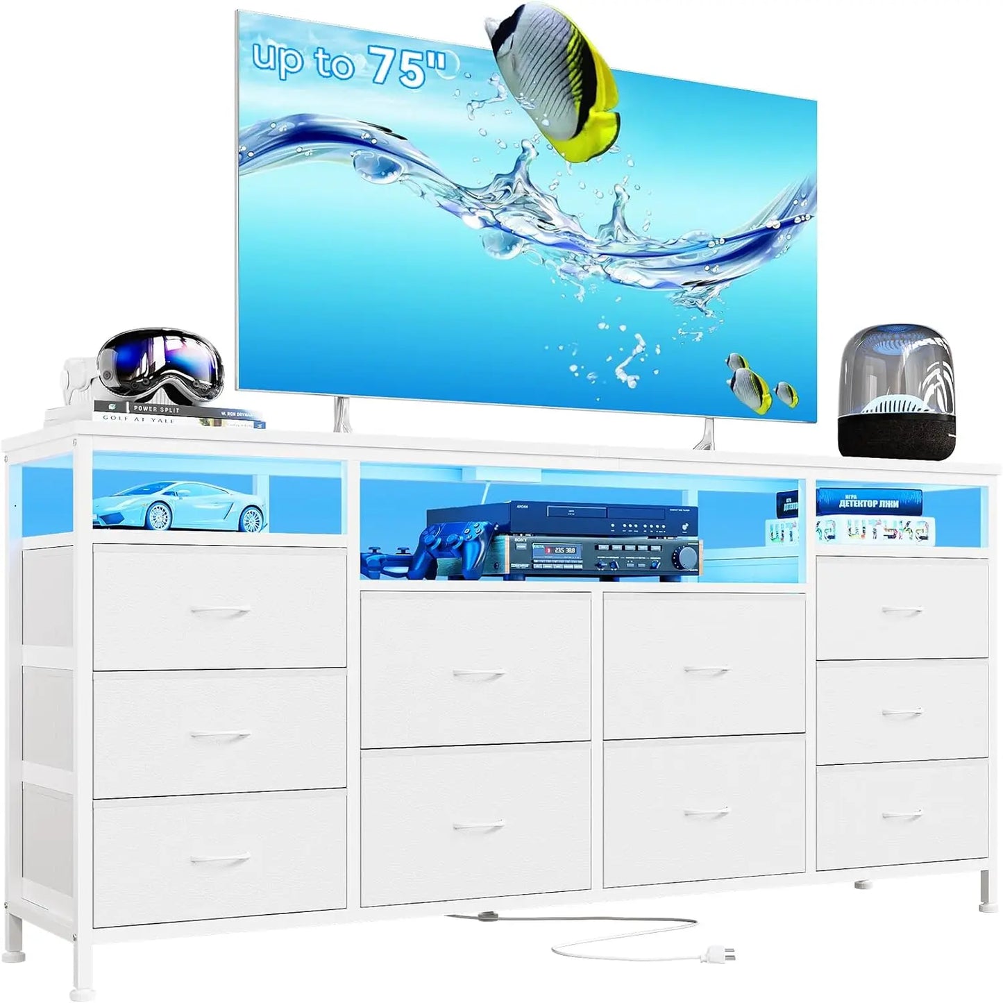 10 Drawer Dresser TV Stand for 65 70 and 75 Inch TV 63 Inch Wide Long Fabric Entertainment Center Chest of Drawers