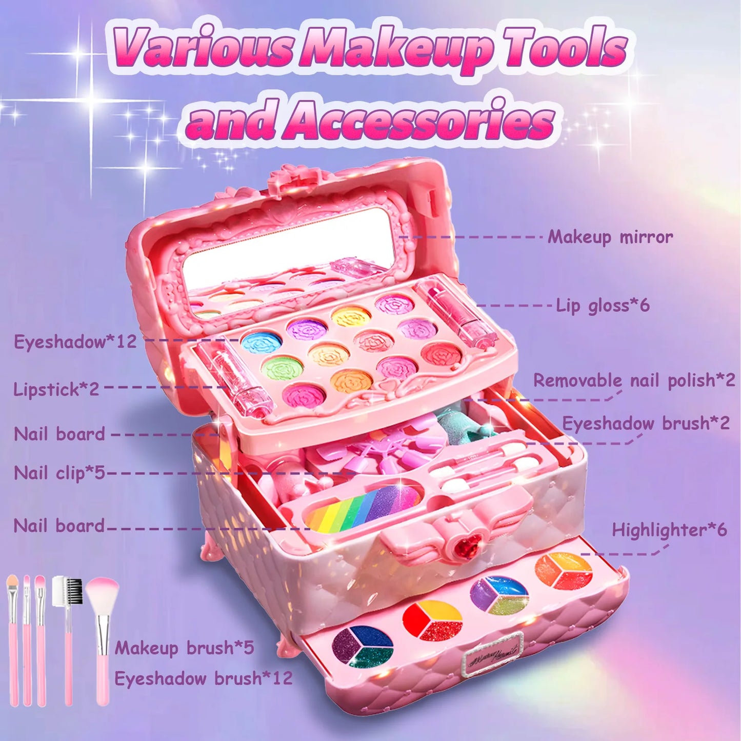 Kids Foldable Makeup Set For Girls Multi Layer Pretend Play Cosmetic Kit With Storage Box Educational Toy