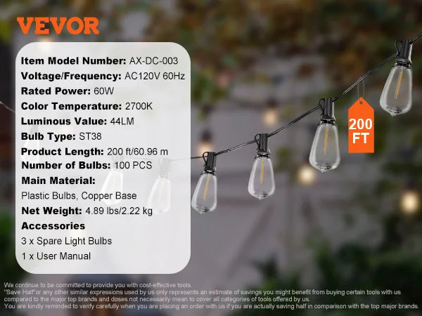 SucceBuy LED Outdoor String Lights 2700K Dimmable Waterproof