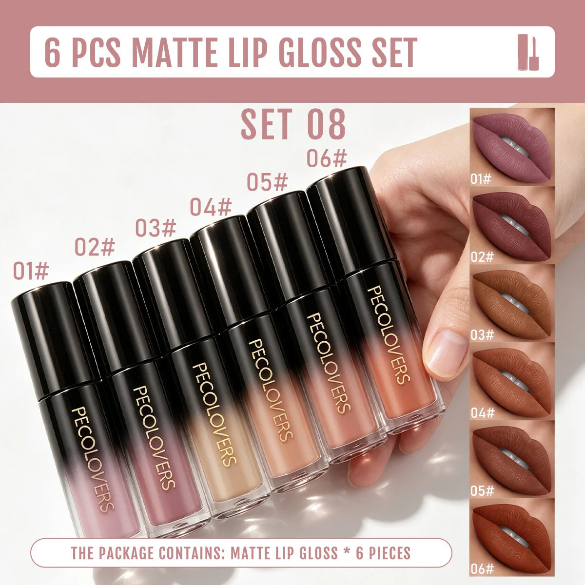 6PCS/SET Cream Matte Lip Tint Stick,Even Color Layering,Comfortable All-day Wear,Classic Neutral Lip Shades,Soft Fluffy Applicator Head,Compact Carry Lip Gloss Set,Suitable For Daily Travel And Everyday Female Makeup