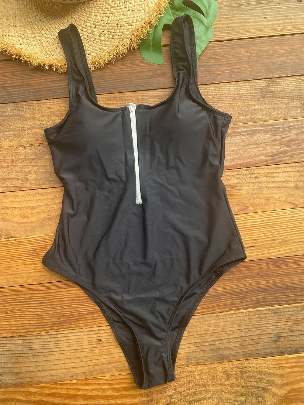 Front Zip Up One Piece Monokini Backless Swimsuit For Women