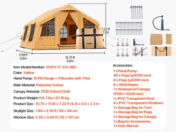 SucceBuy Inflatable Camping Tent For 5-8 People Easy Setup