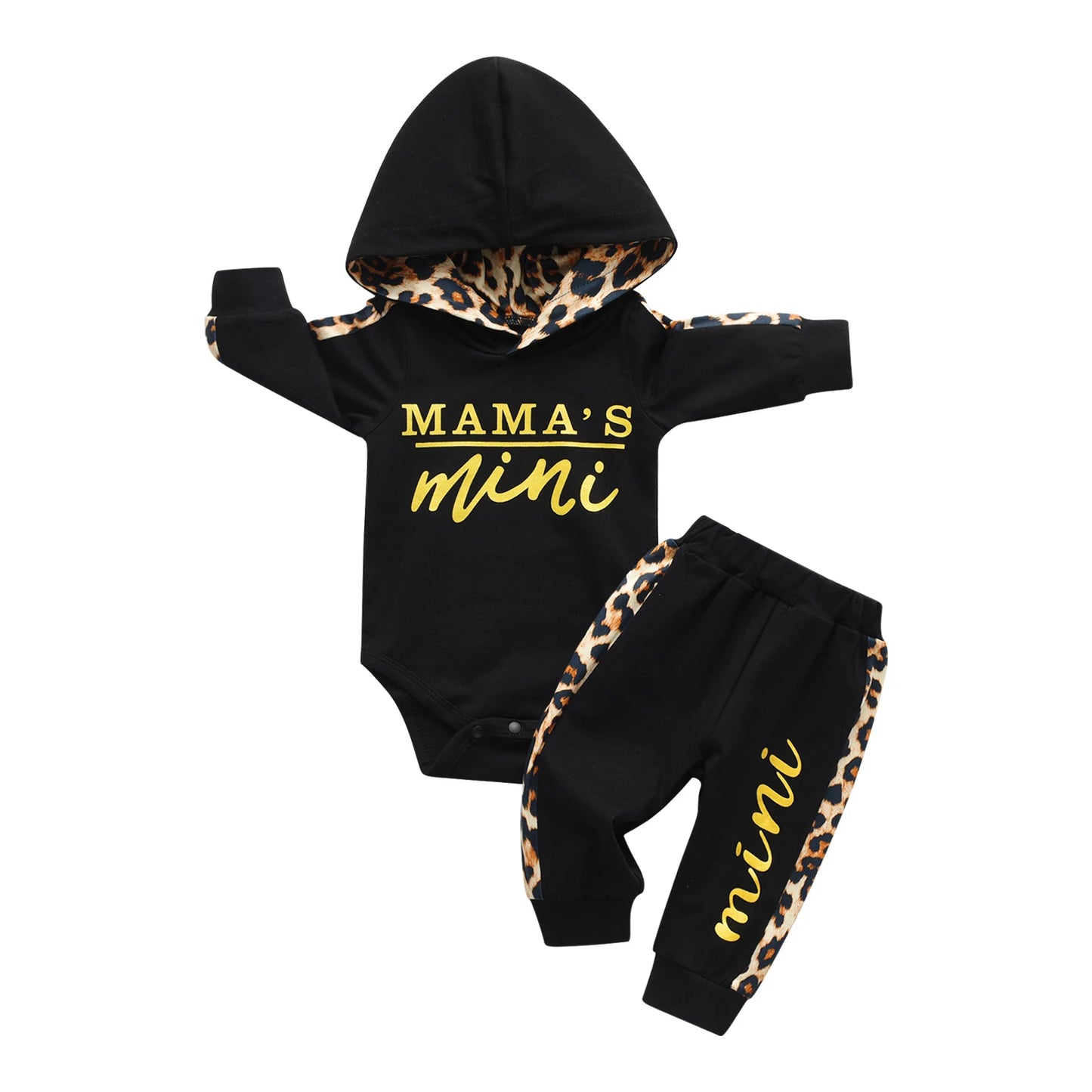 Infant Girl Knit Set Mama's Mini Hooded Top Leopard Pants
