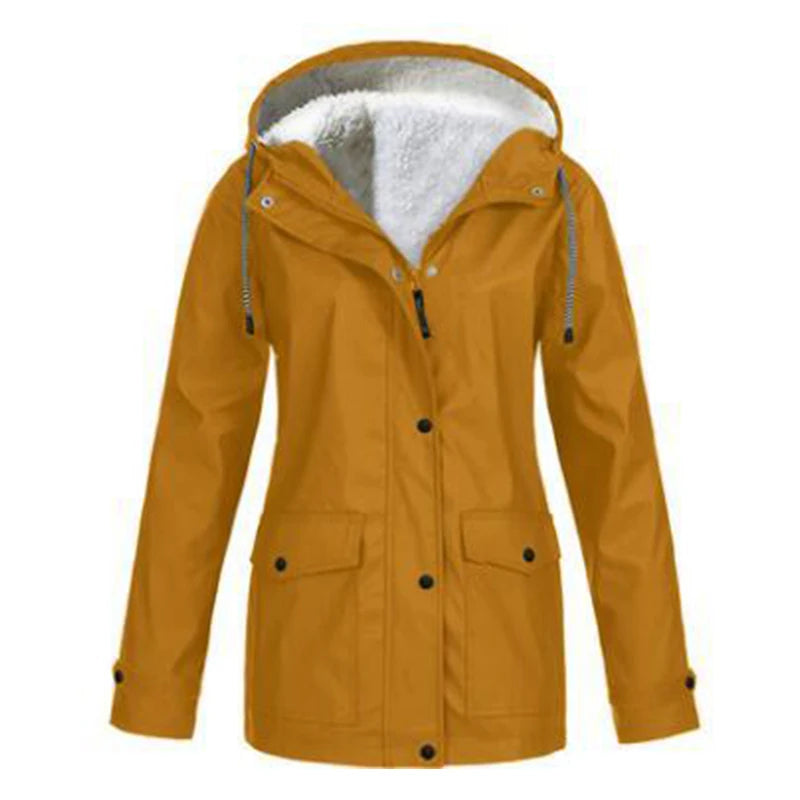 NONECN Women's Windproof Velvet Waterproof Hooded Jacket Outdoor Coat
