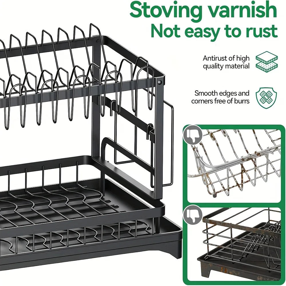 Dish Drying Rack Multifunctional Kitchen With Drainboard 2 Tier Space Saving Rack With Utensil Holder